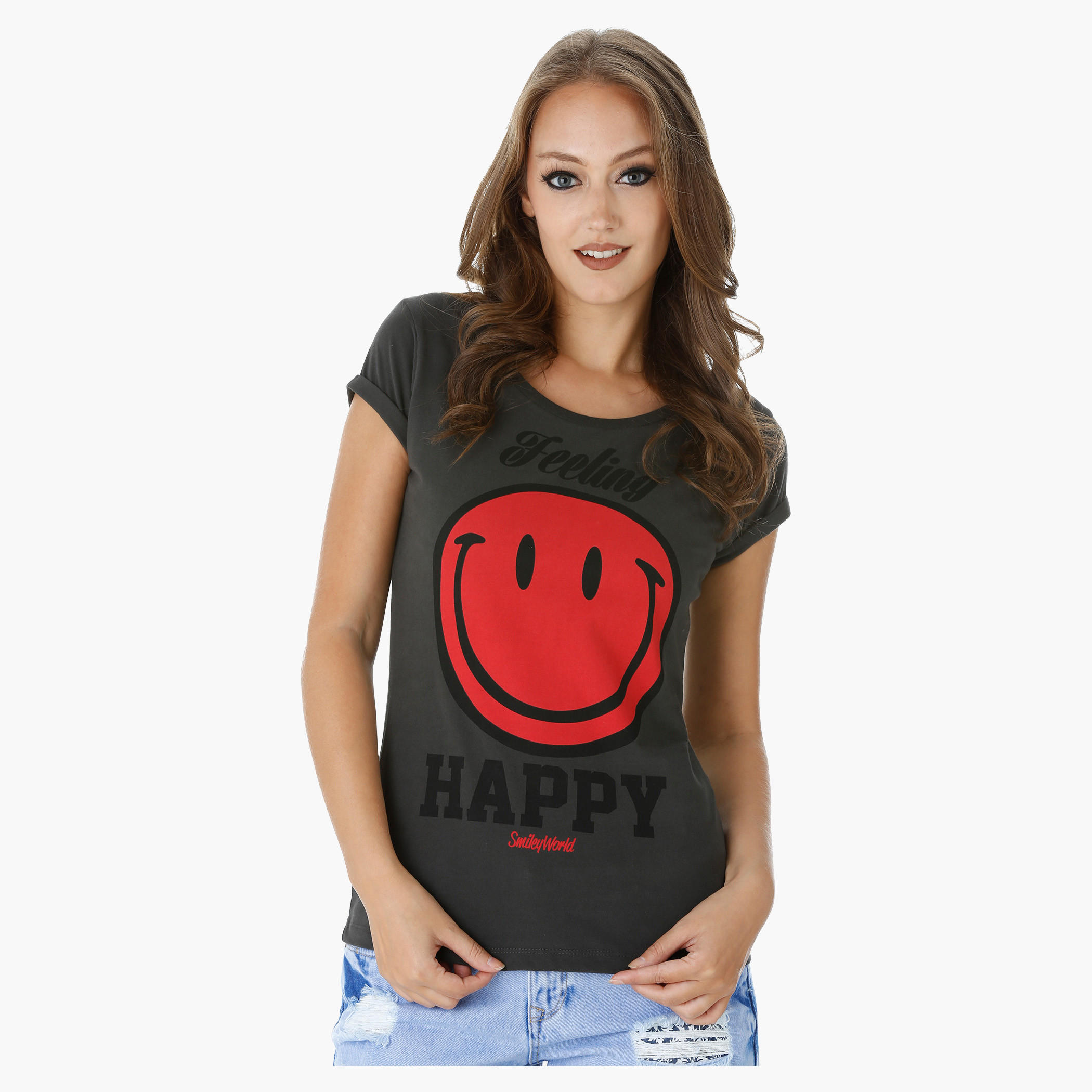 Smiley World Printed T-Shirt with Short Turn Up Sleeves-women-clothing-tshirts-image-1