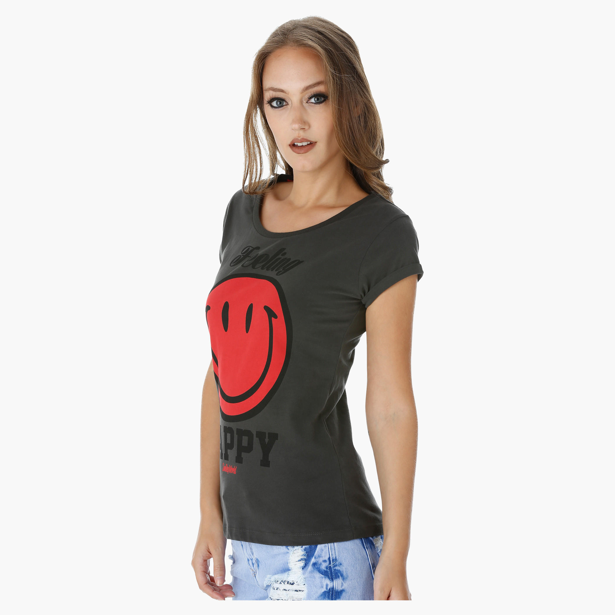 Smiley World Printed T-Shirt with Short Turn Up Sleeves-women-clothing-tshirts-image-3