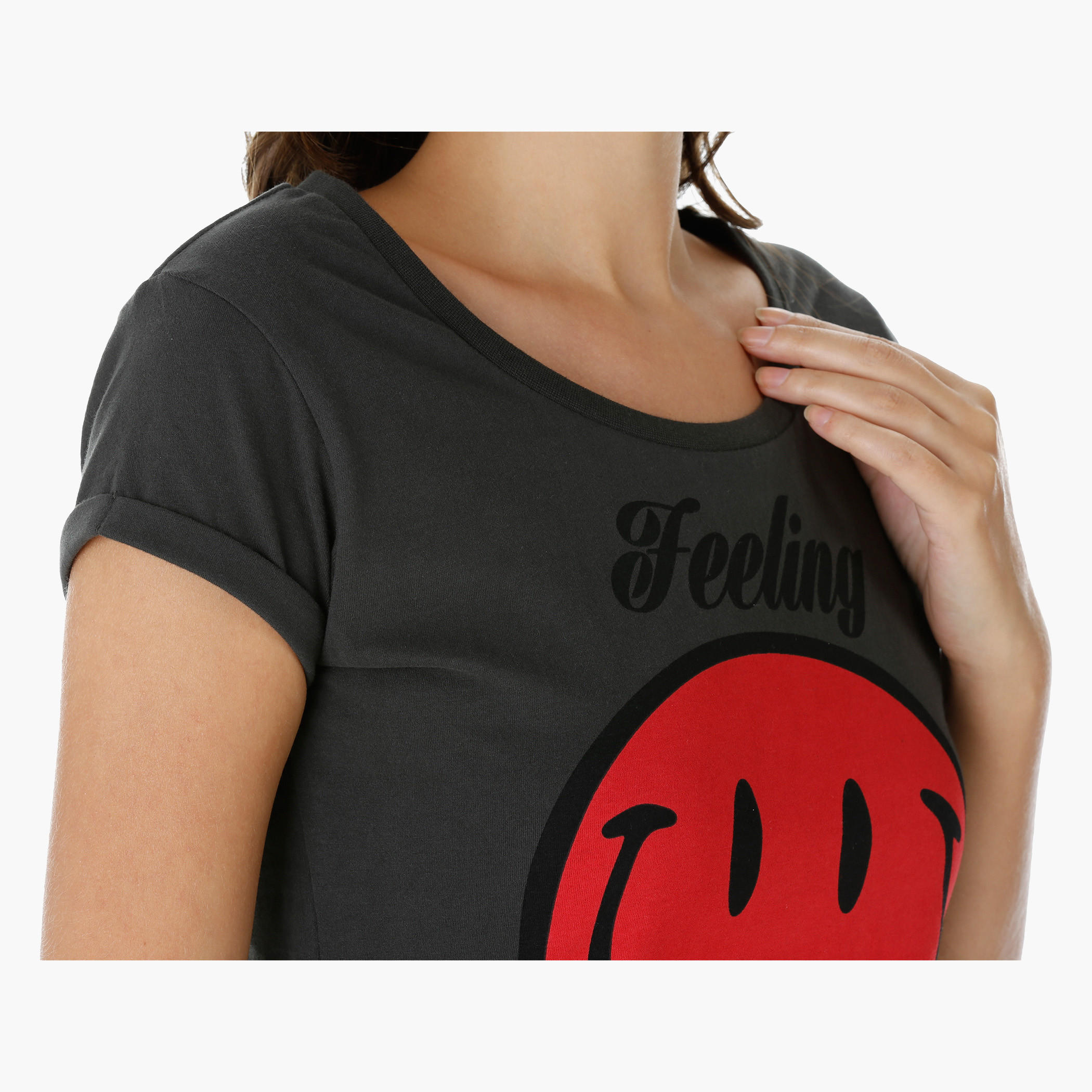Smiley World Printed T-Shirt with Short Turn Up Sleeves-women-clothing-tshirts-image-4