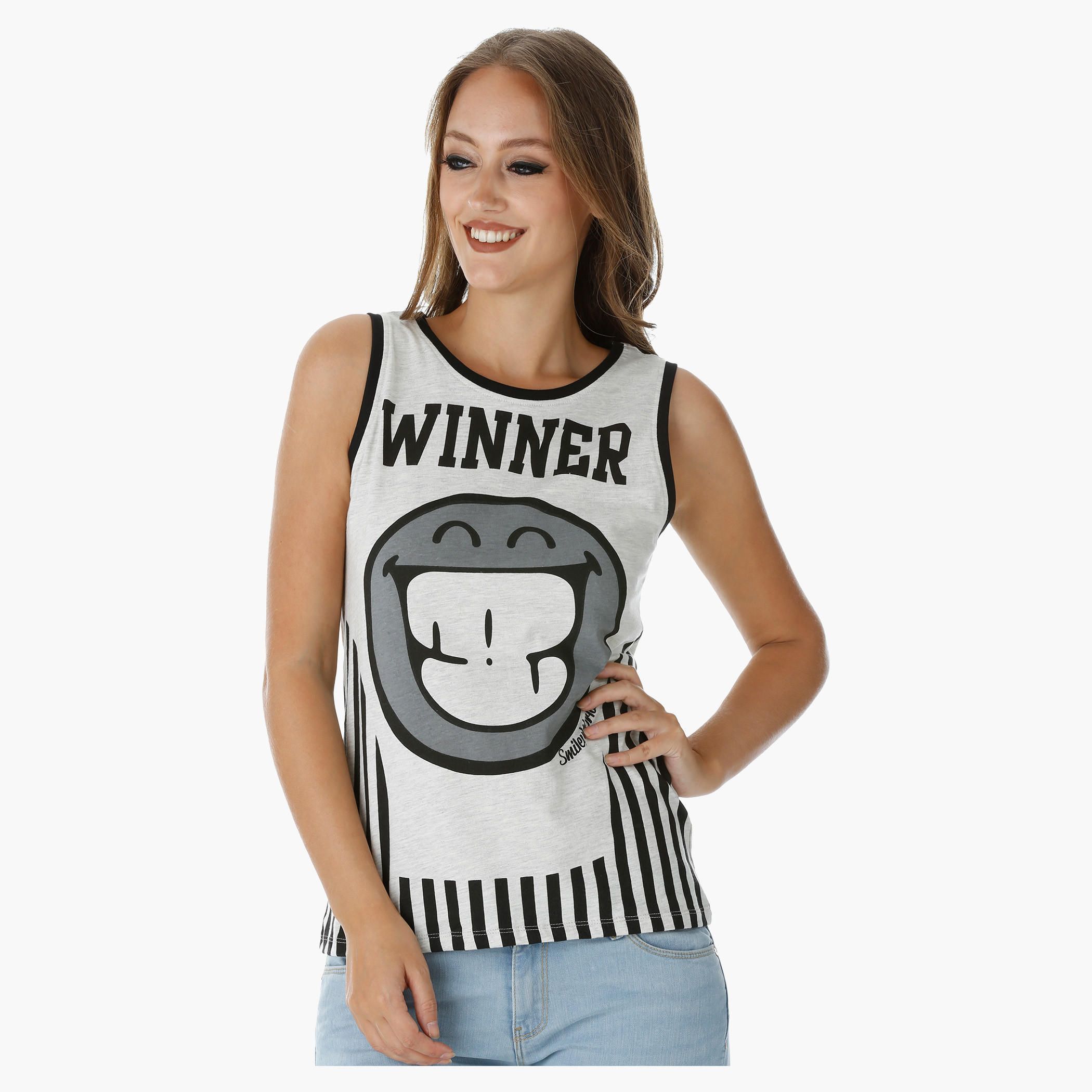 Smiley World Printed Sleeveless Melange T-Shirt-women-clothing-tshirts-image-1
