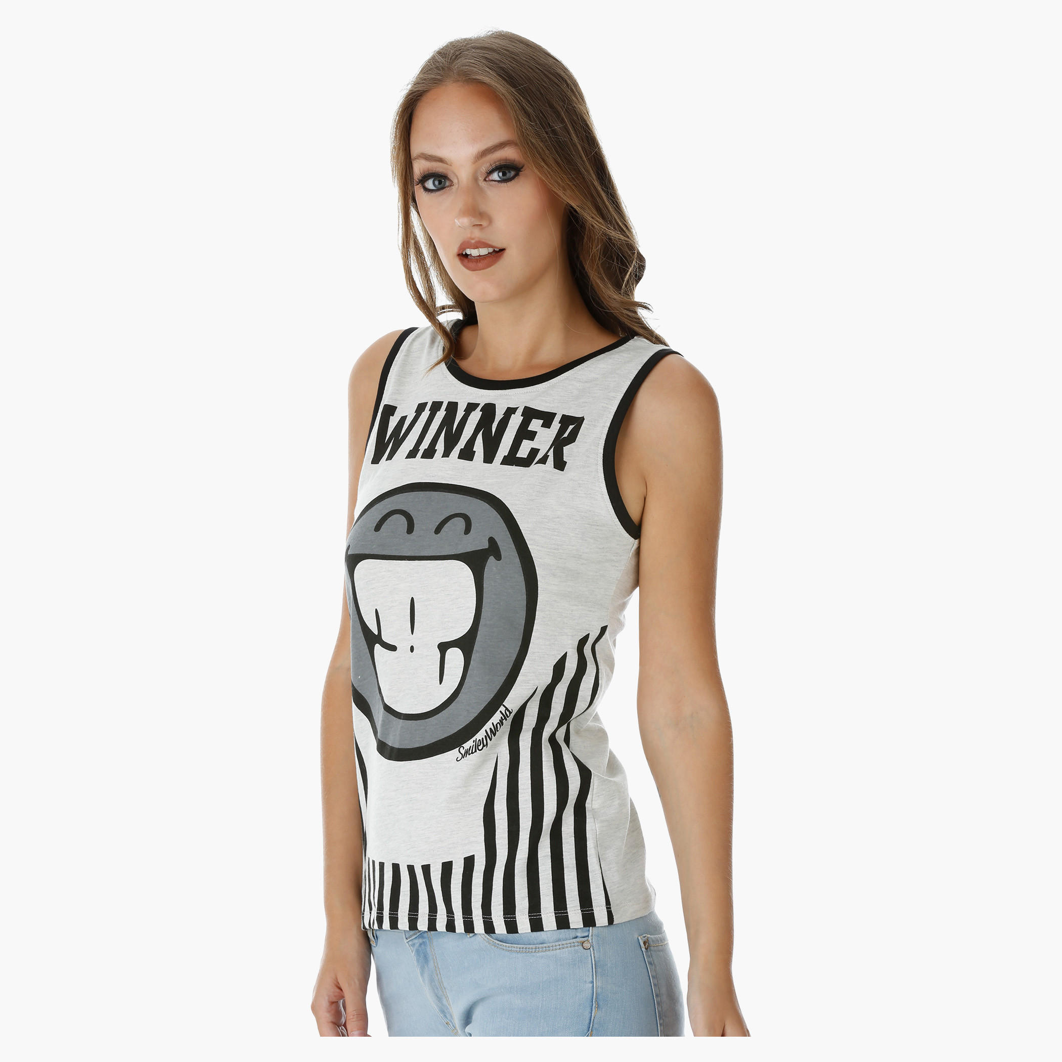Smiley World Printed Sleeveless Melange T-Shirt-women-clothing-tshirts-image-3