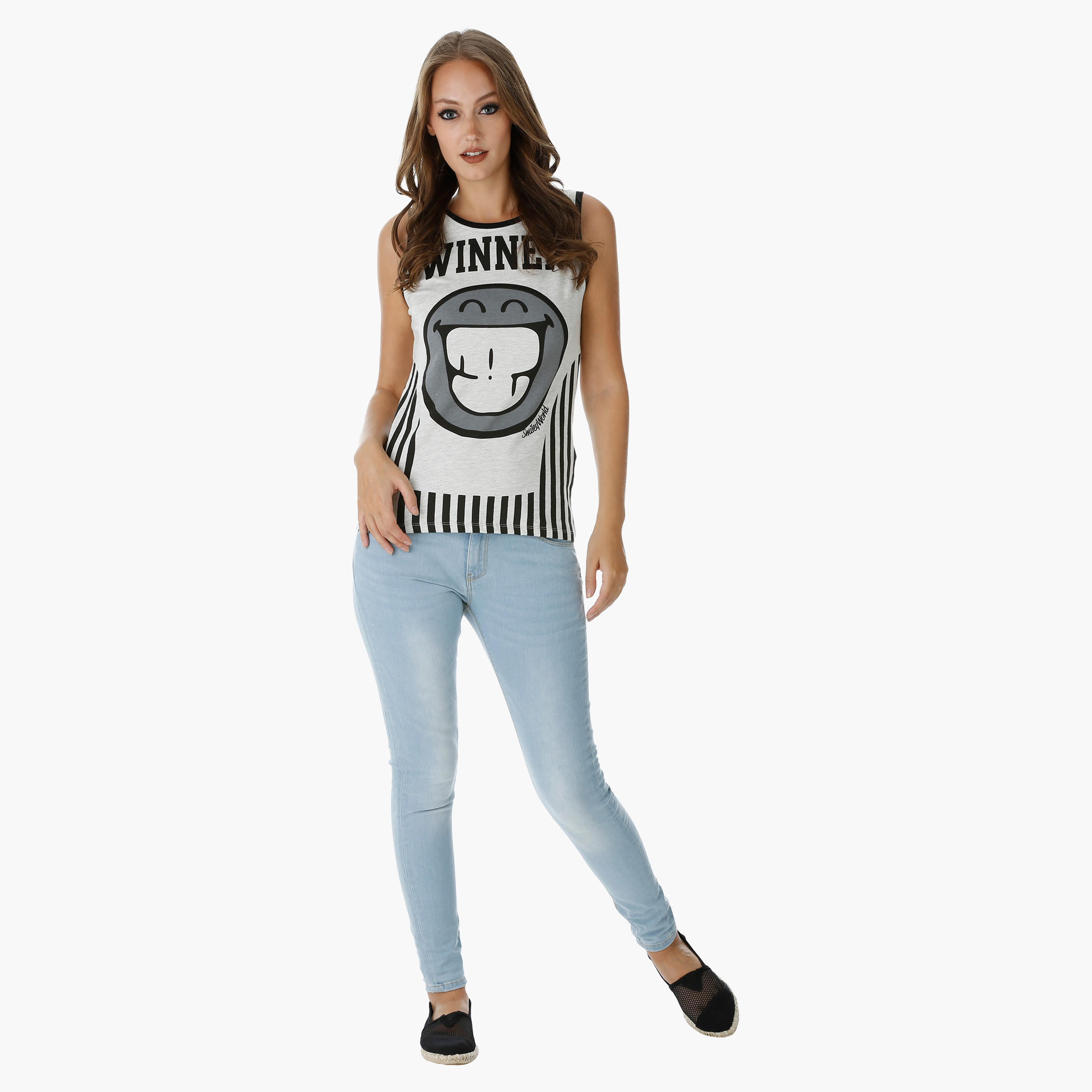 Smiley World Printed Sleeveless Melange T-Shirt-women-clothing-tshirts-image-5