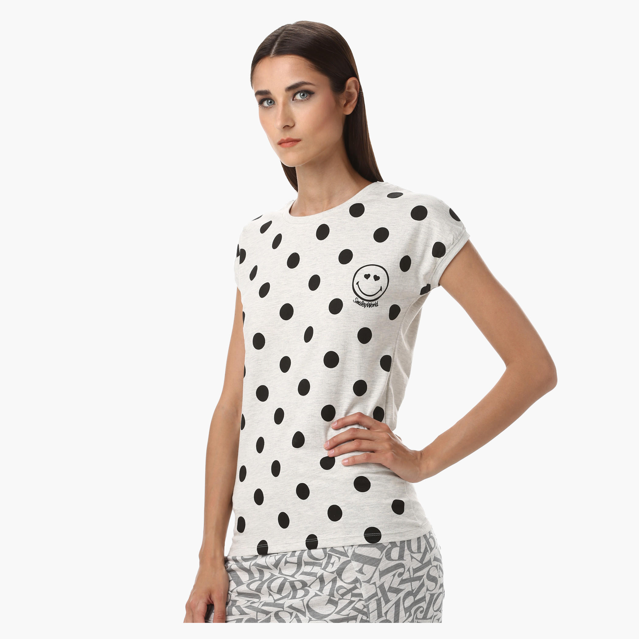 Smiley World Melange Polka Print T-Shirt with Short Sleeves-women-clothing-tshirts-image-3