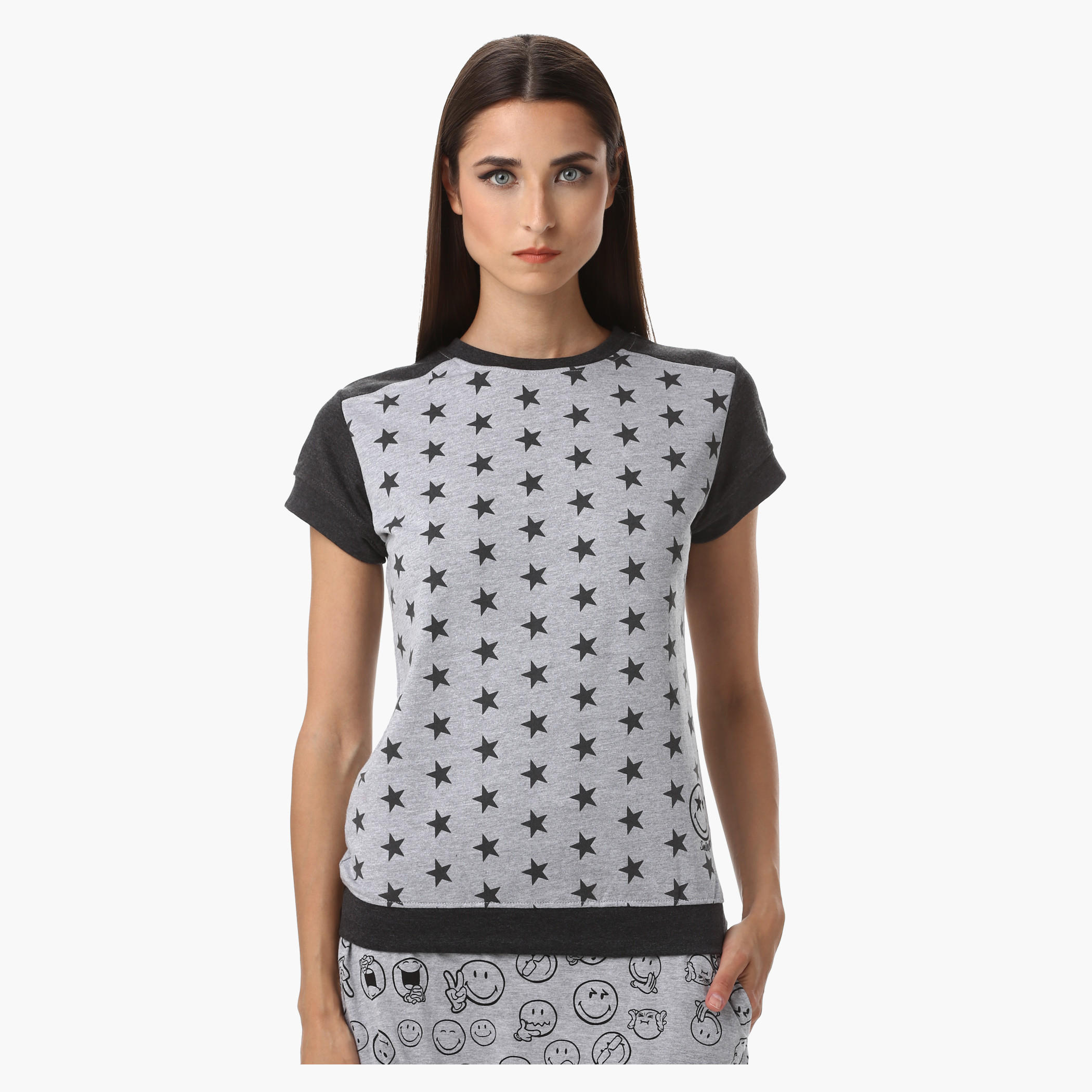 Smiley World Melange Printed T-Shirt with Short Sleeves-women-clothing-tshirts-image-1