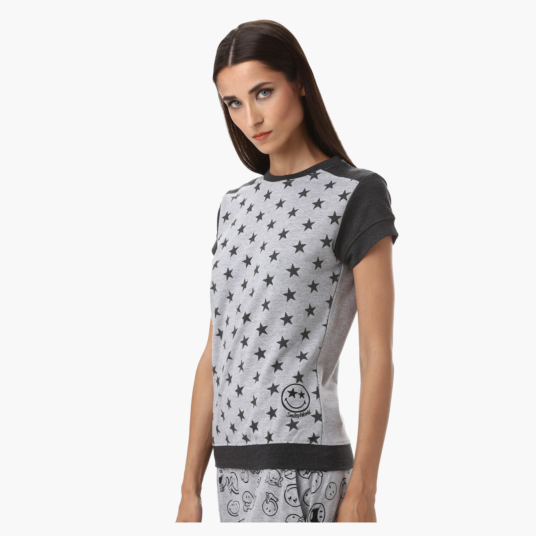 Smiley World Melange Printed T-Shirt with Short Sleeves-women-clothing-tshirts-image-3