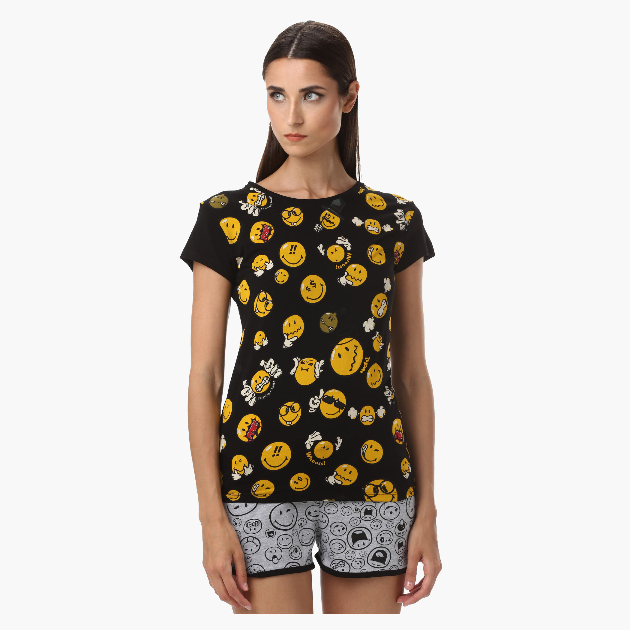 Smiley World Cotton Printed T-Shirt with Short Sleeves-women-clothing-tshirts-image-1