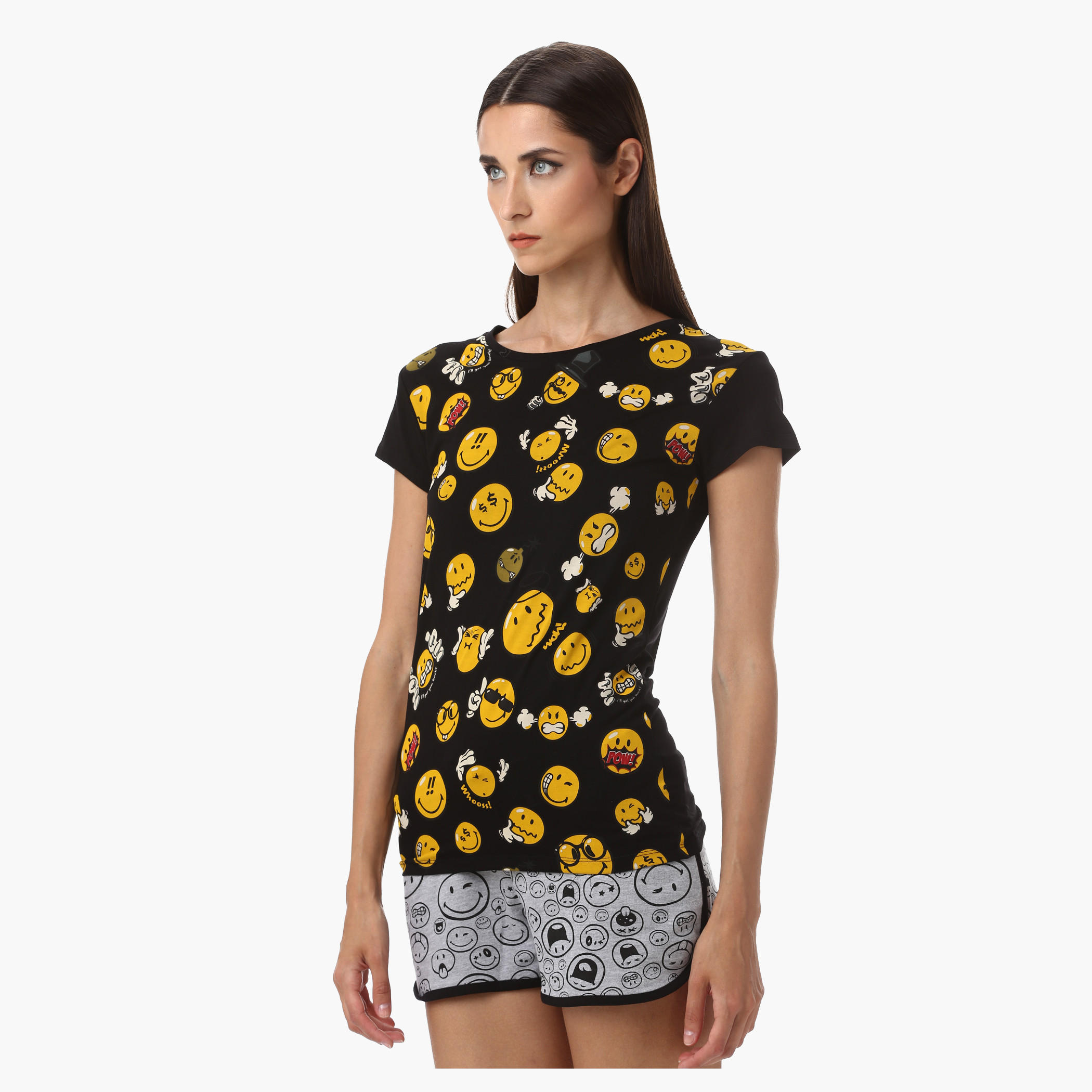 Smiley World Cotton Printed T-Shirt with Short Sleeves-women-clothing-tshirts-image-3