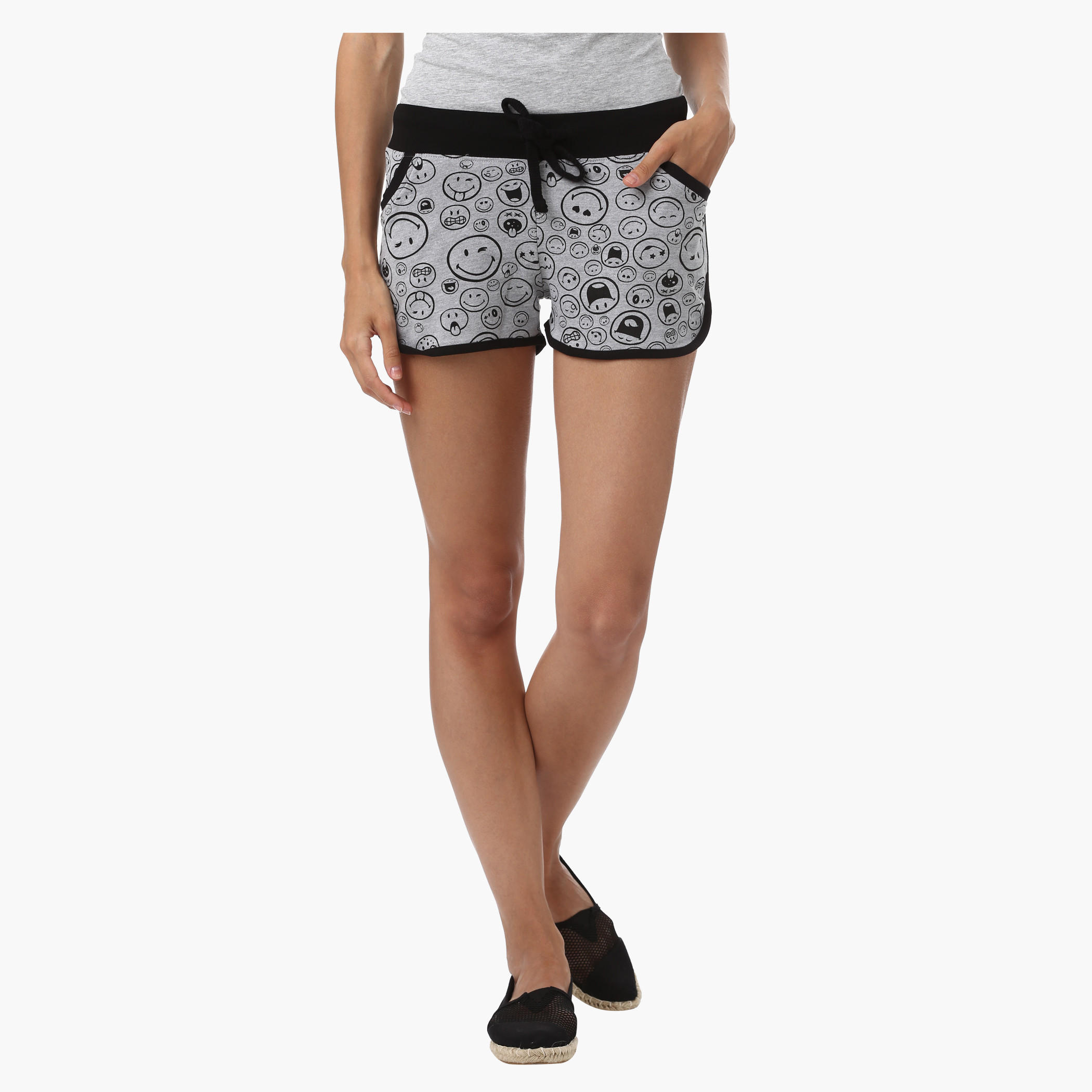 Smiley World Melange Shorts with All Over Print-women-clothing-bottoms-shorts-image-1