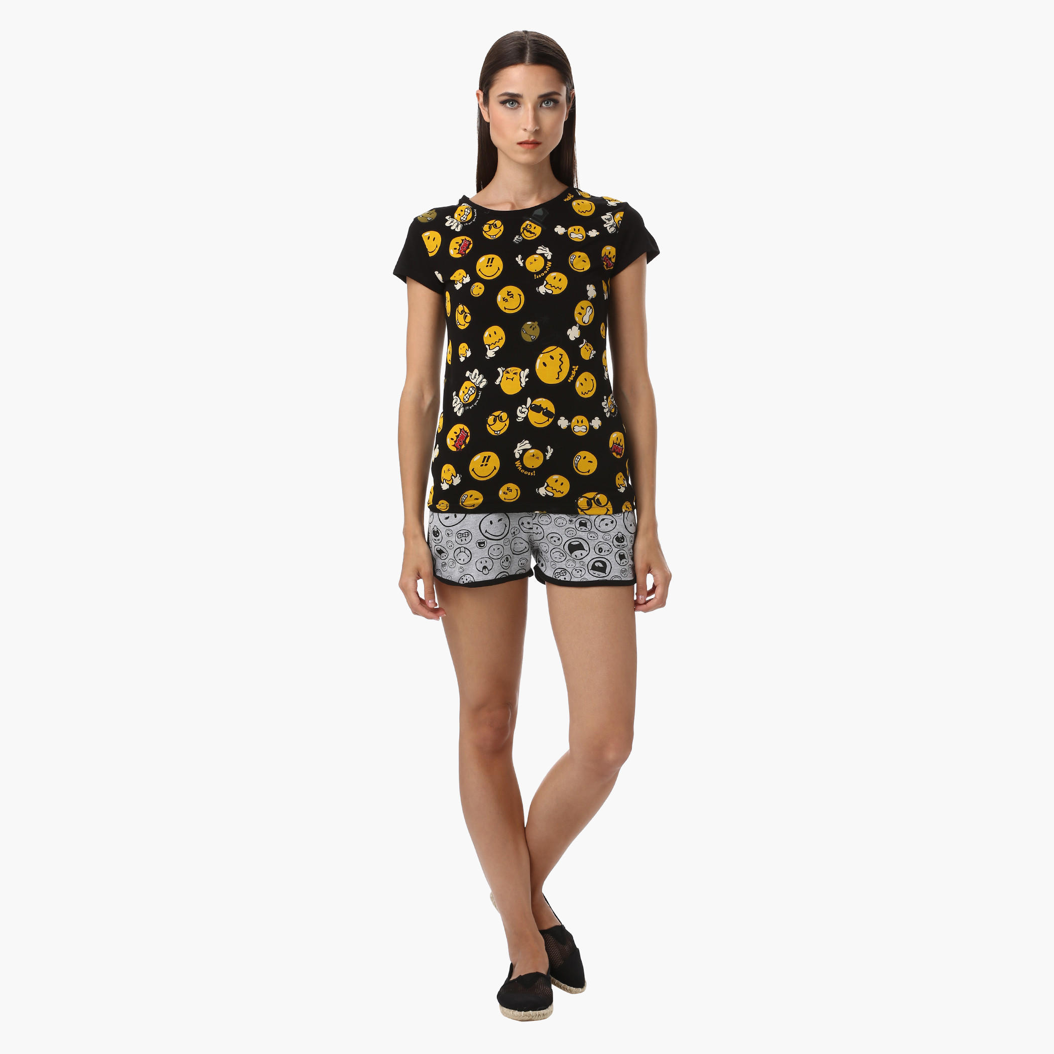 Smiley World Melange Shorts with All Over Print-women-clothing-bottoms-shorts-image-5