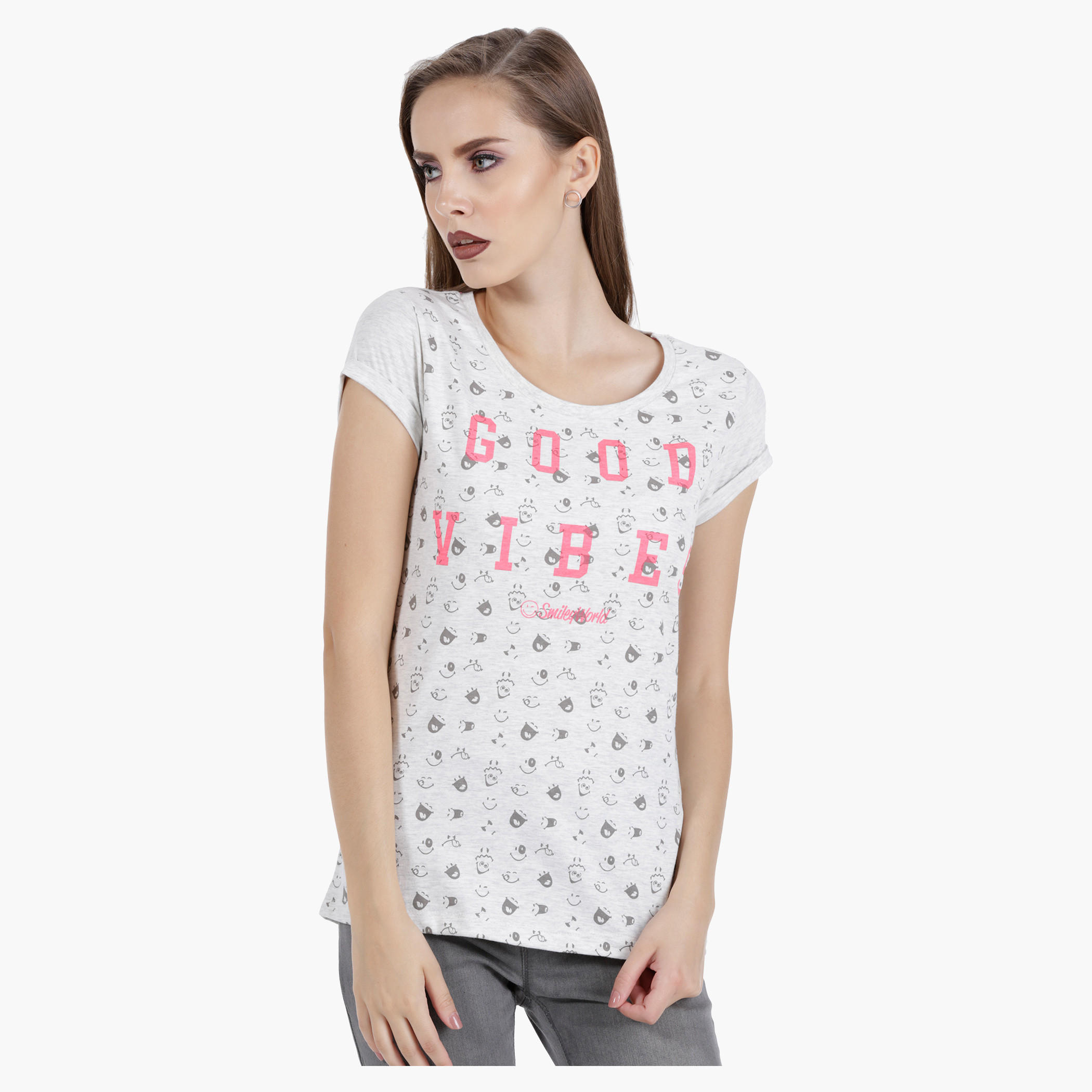 Smiley World Melange T-Shirt with Placement Print in Regular Fit-women-clothing-tshirts-image-1