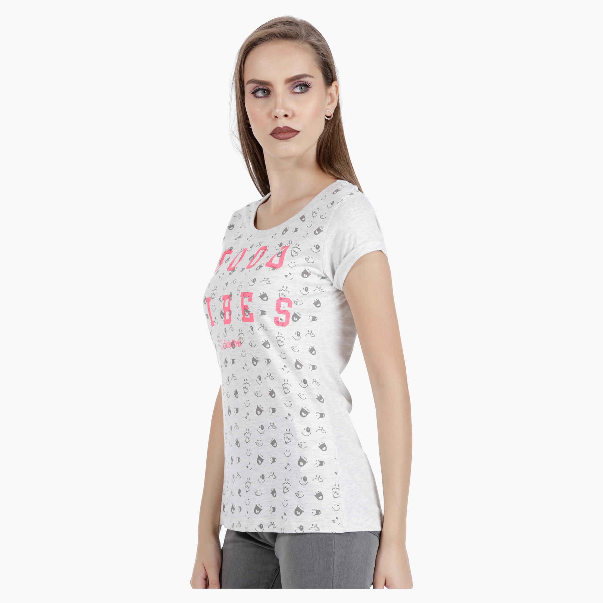 Smiley World Melange T-Shirt with Placement Print in Regular Fit-women-clothing-tshirts-image-3