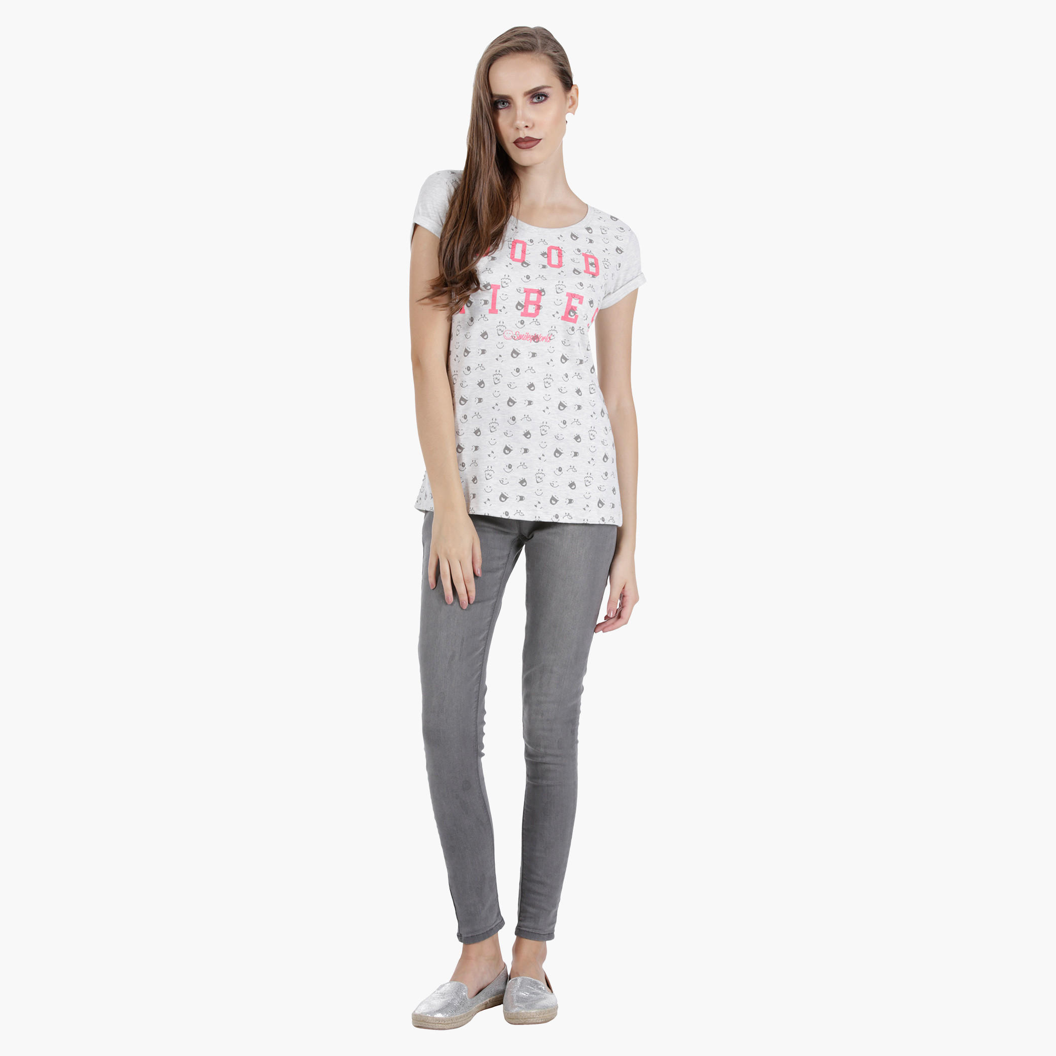 Smiley World Melange T-Shirt with Placement Print in Regular Fit-women-clothing-tshirts-image-5