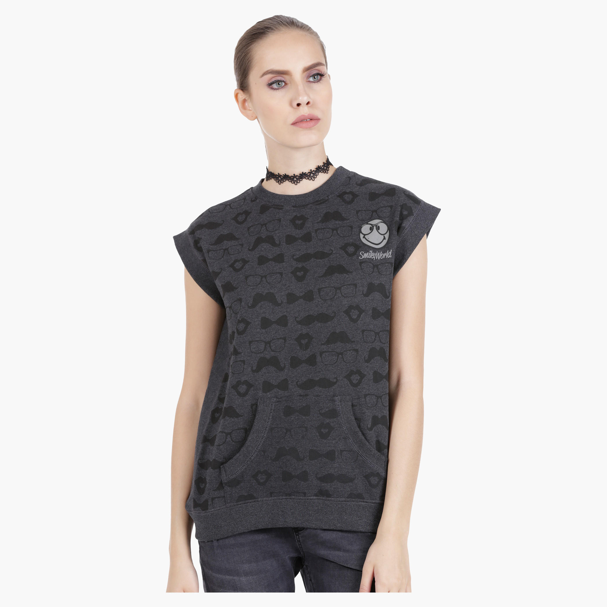 Smiley World Printed Melange Top in Regular Fit-women-clothing-tshirts-image-5