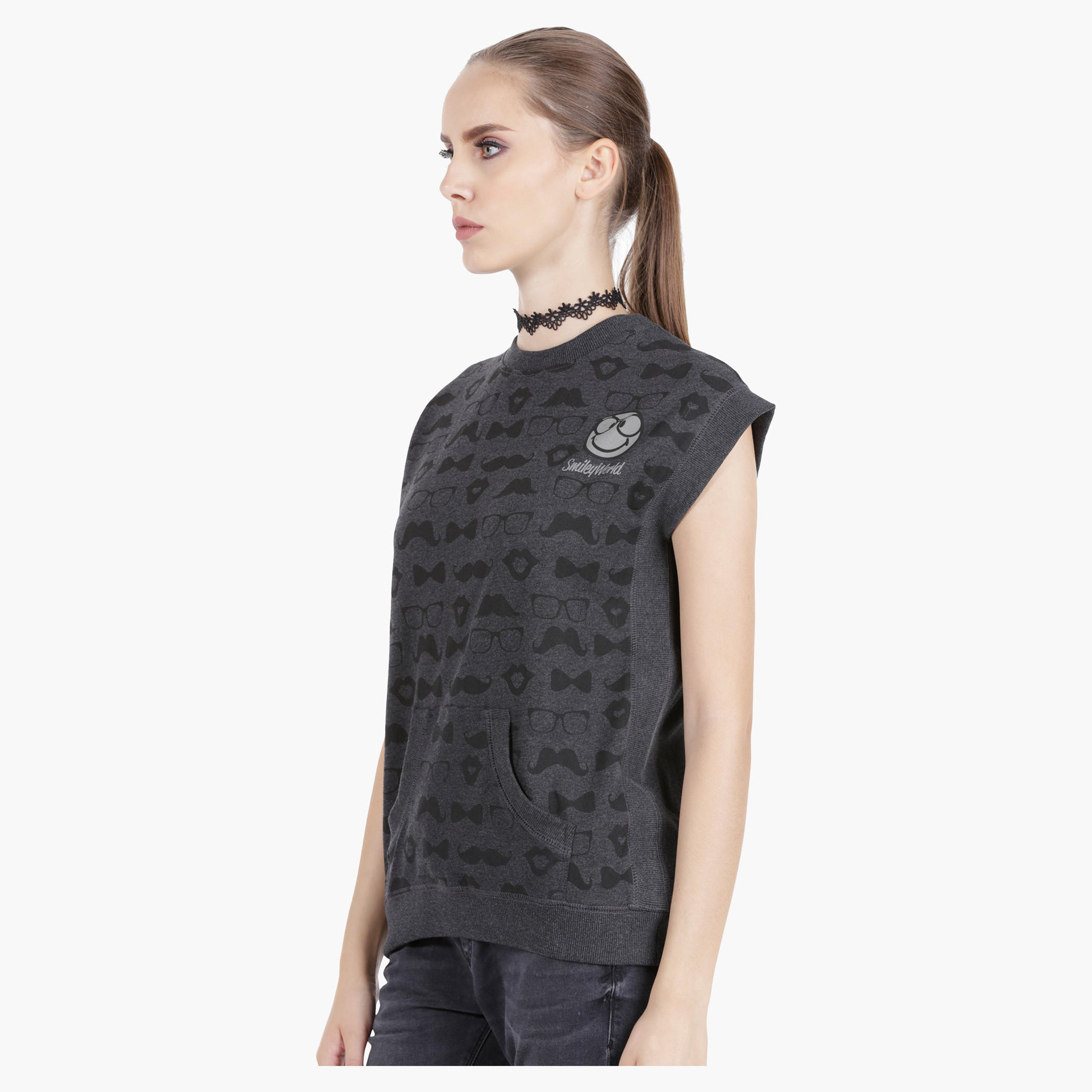 Smiley World Printed Melange Top in Regular Fit-women-clothing-tshirts-image-3