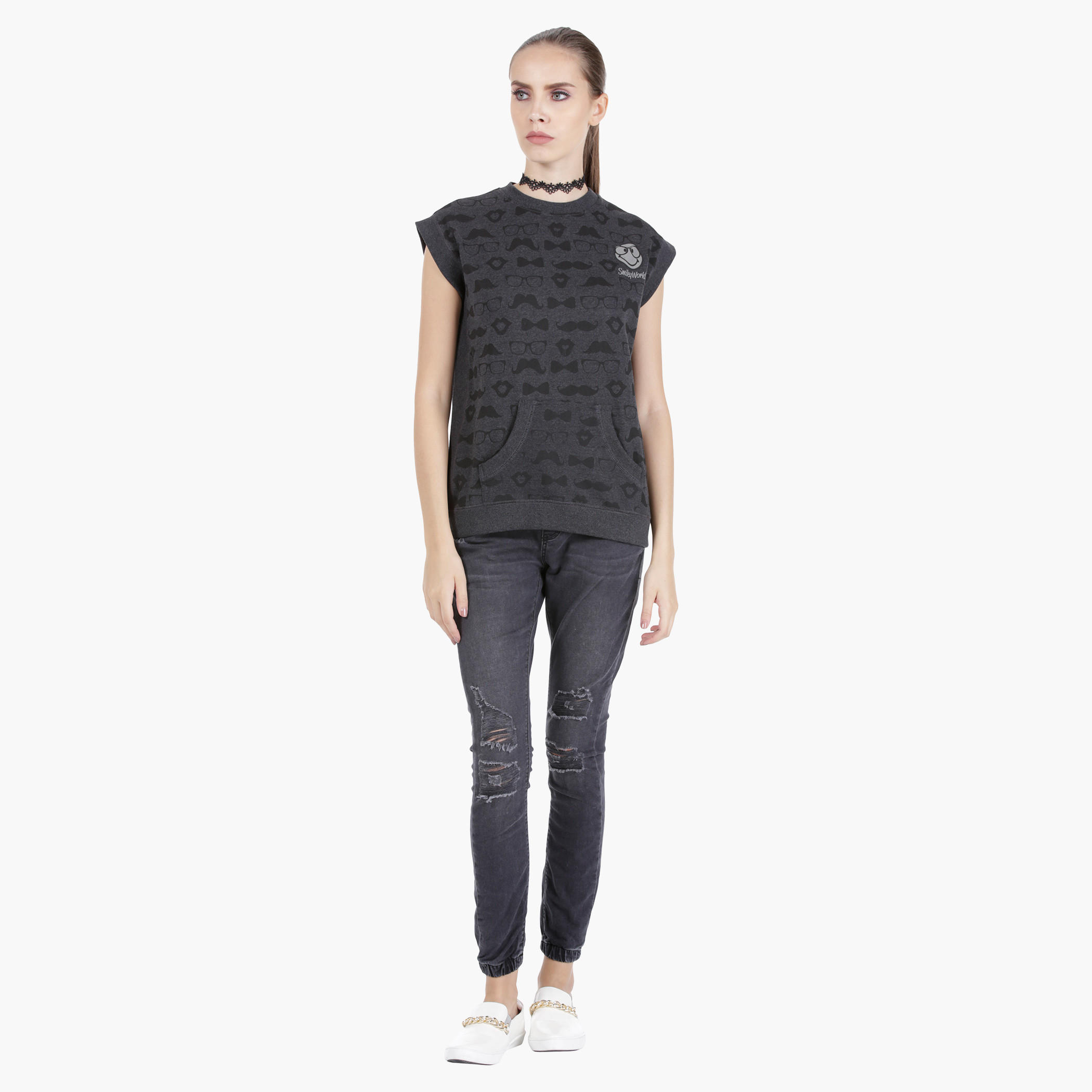 Smiley World Printed Melange Top in Regular Fit-women-clothing-tshirts-image-5