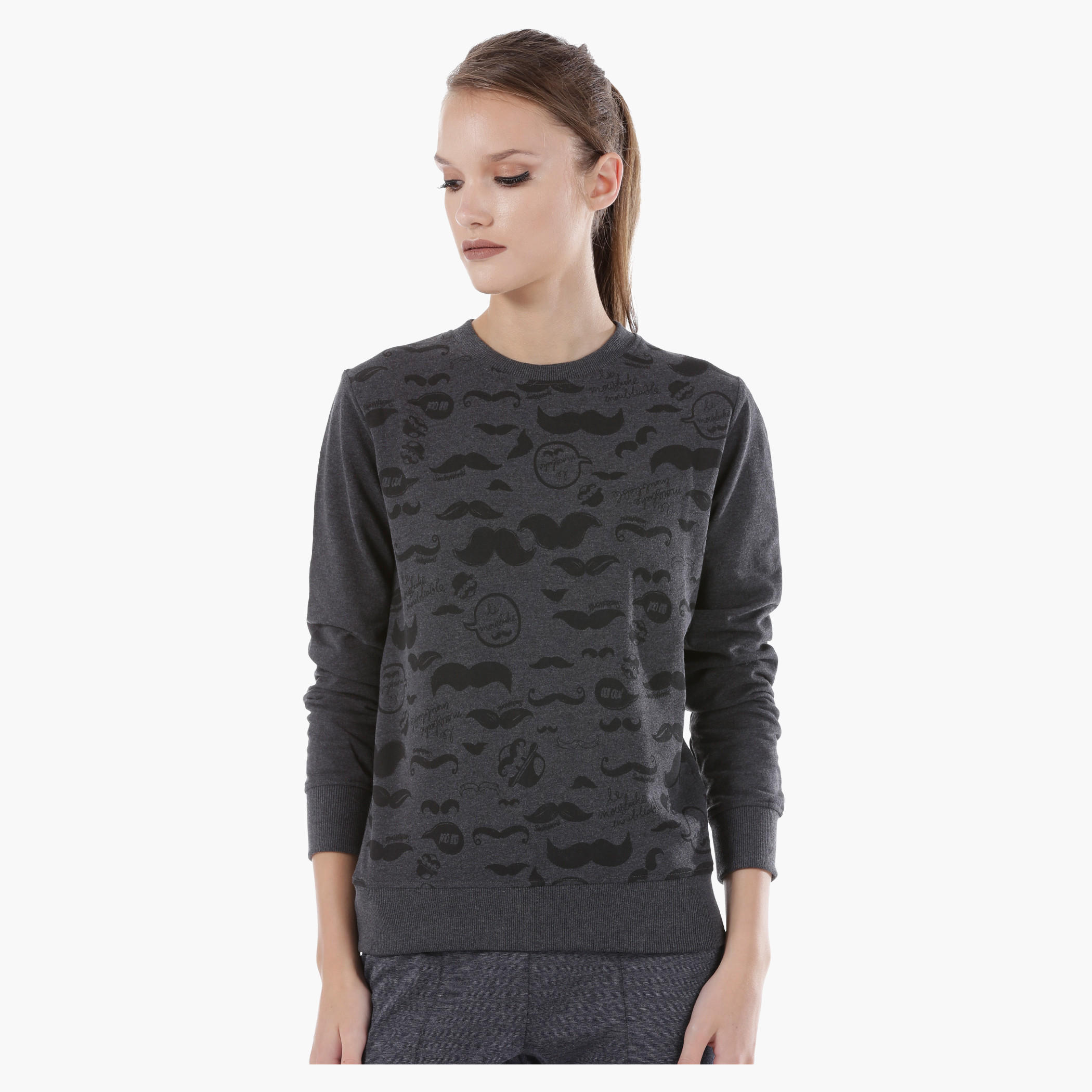 Smiley World Printed Melange Sweatshirt with Long Sleeves in Regular Fit-women-winterwear-hoodiesandsweatshirts-sweatshirts-image-1
