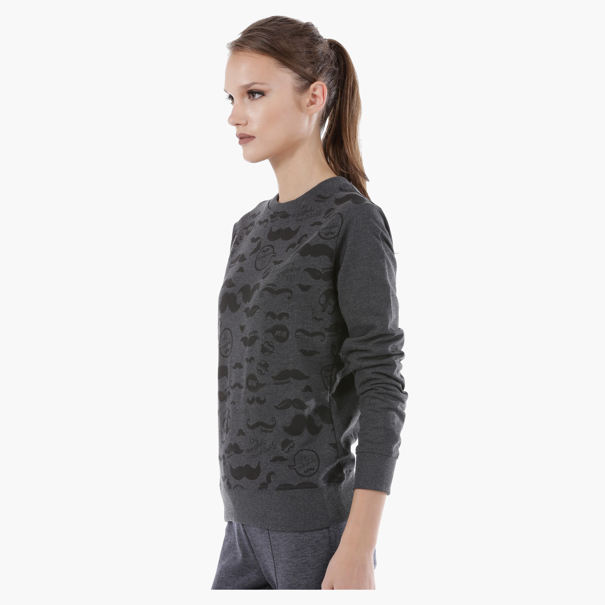 Smiley World Printed Melange Sweatshirt with Long Sleeves in Regular Fit-women-winterwear-hoodiesandsweatshirts-sweatshirts-image-3
