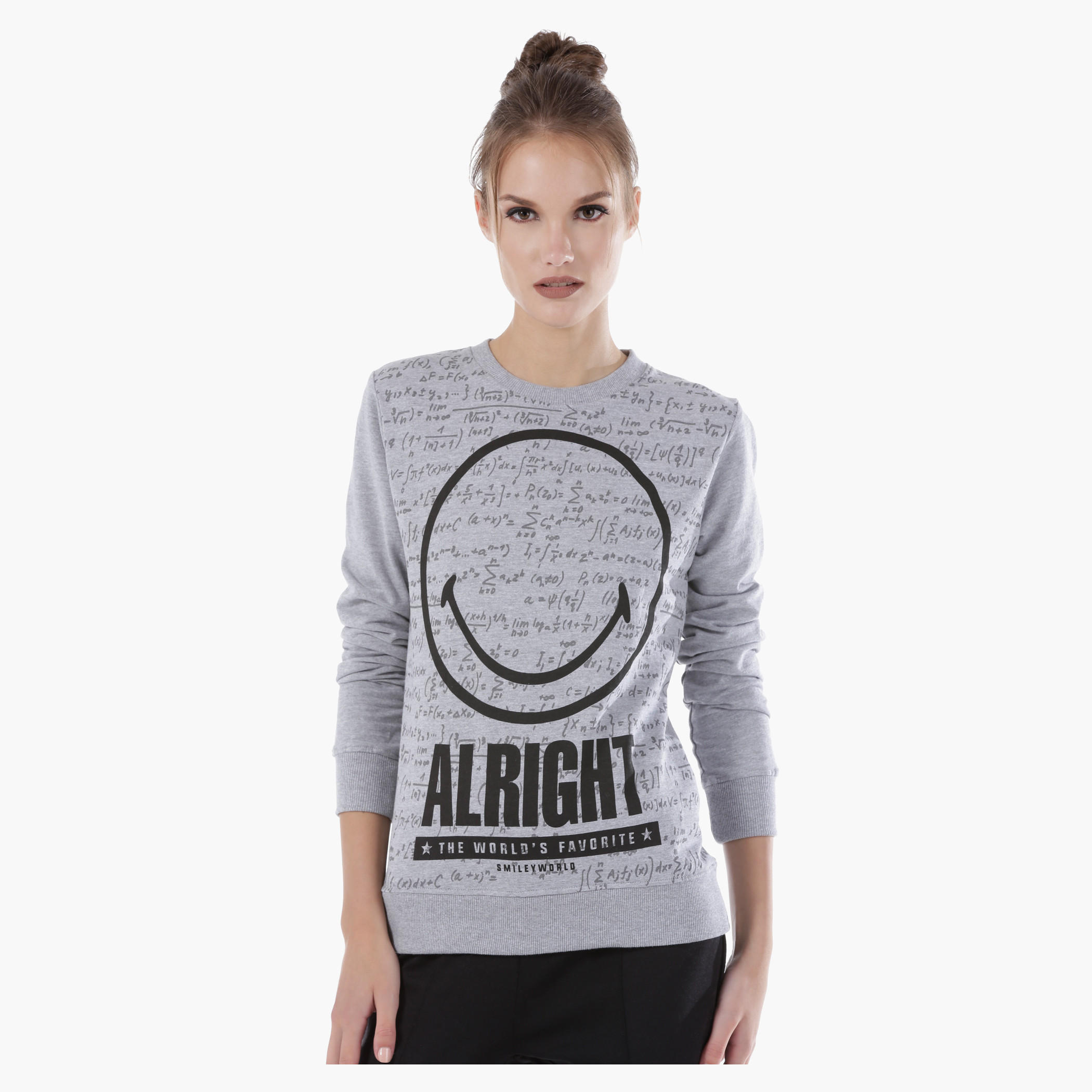 Smiley World Printed Melange Sweatshirt with Long Sleeves-women-winterwear-hoodiesandsweatshirts-sweatshirts-image-1