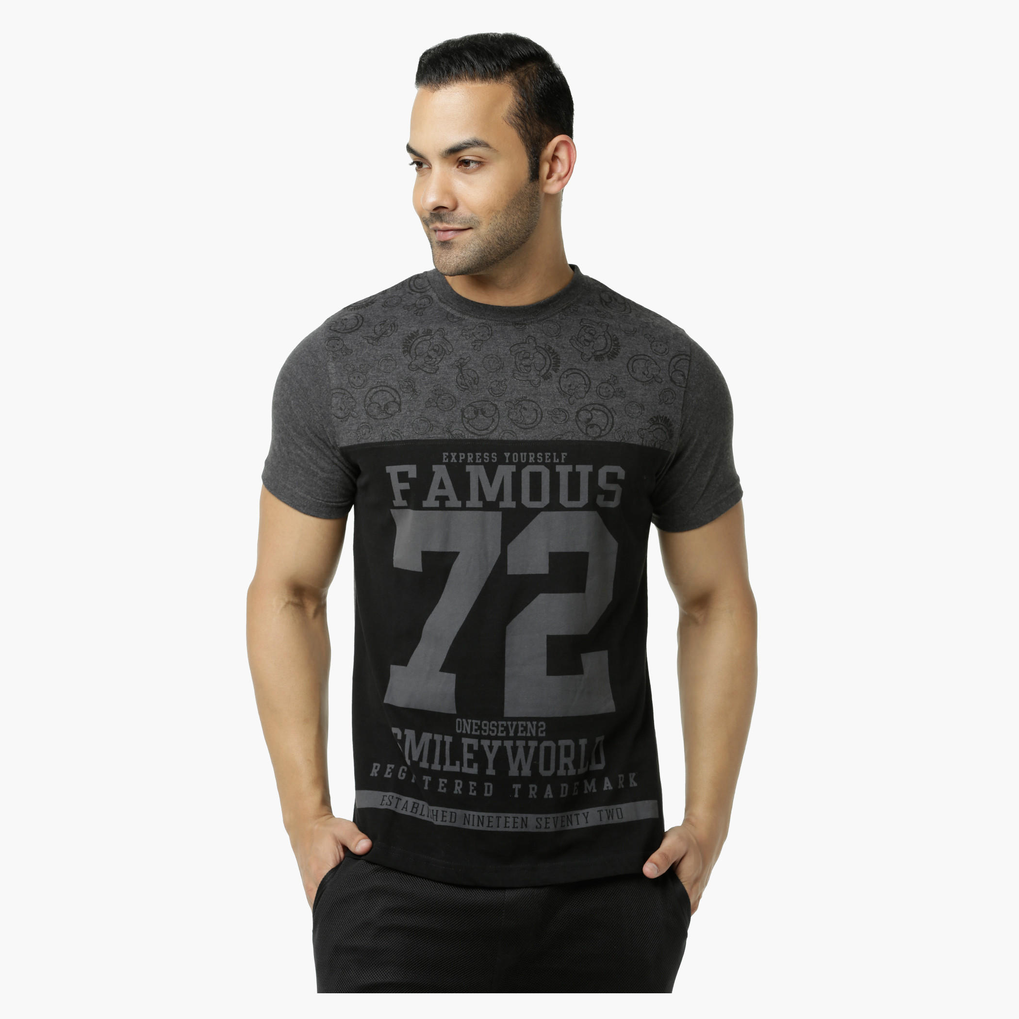 Smiley World Printed Crew Neck T-Shirt with Short Sleeves-men-clothing-tshirtsandpolos-tshirts-image-1