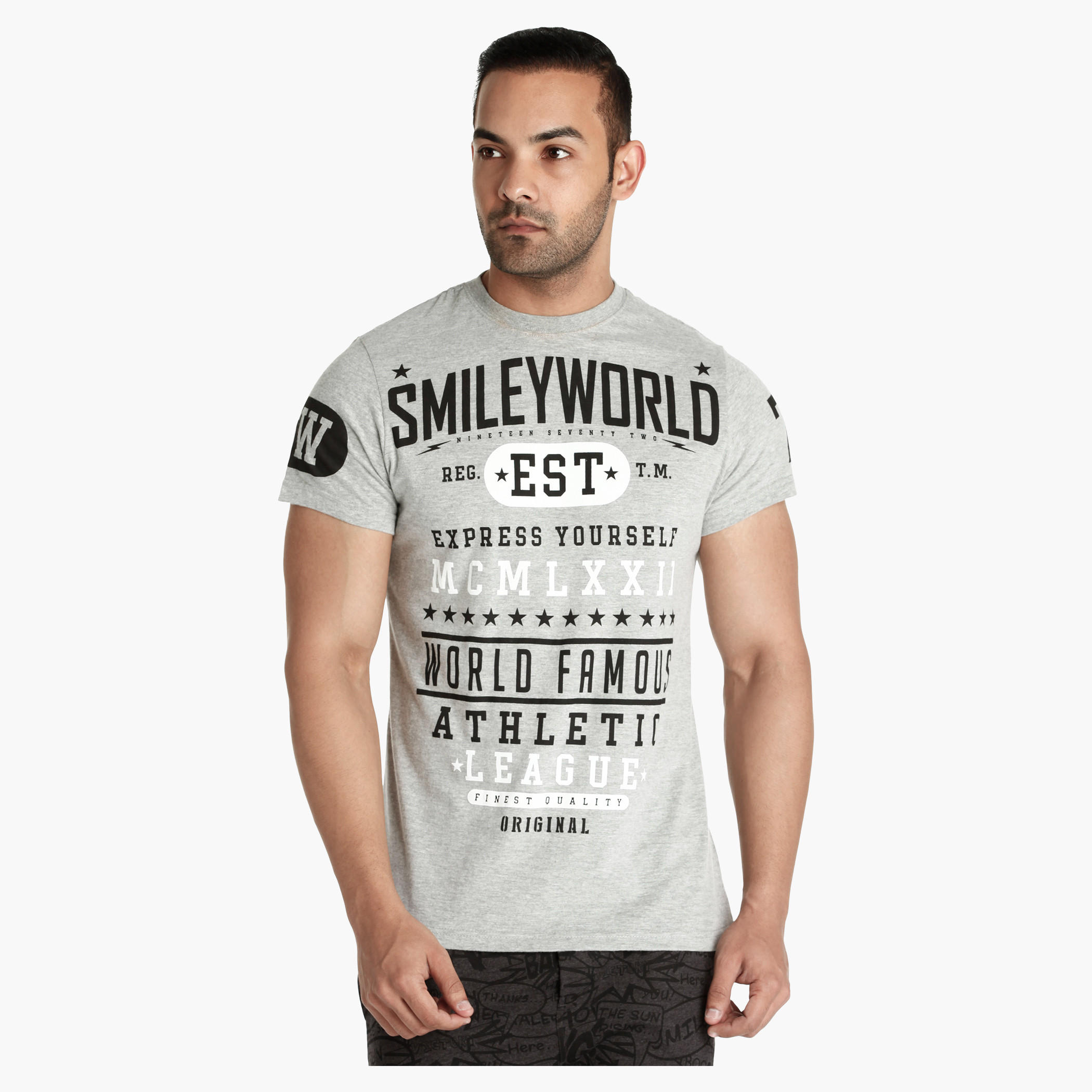 Smiley World Printed Melange T-Shirt with Crew Neck-men-clothing-tshirtsandpolos-tshirts-image-5