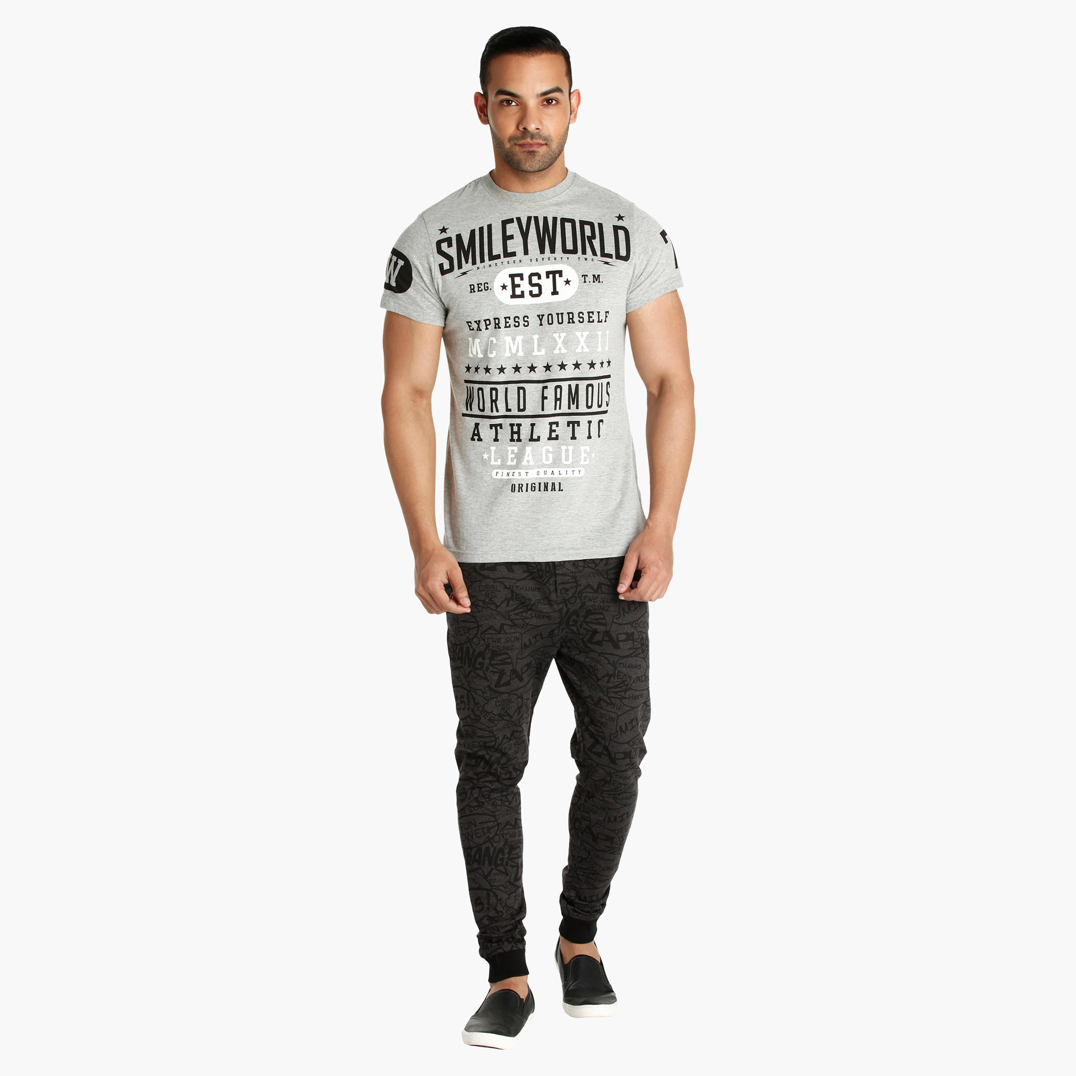 Smiley World Printed Melange T-Shirt with Crew Neck-men-clothing-tshirtsandpolos-tshirts-image-5