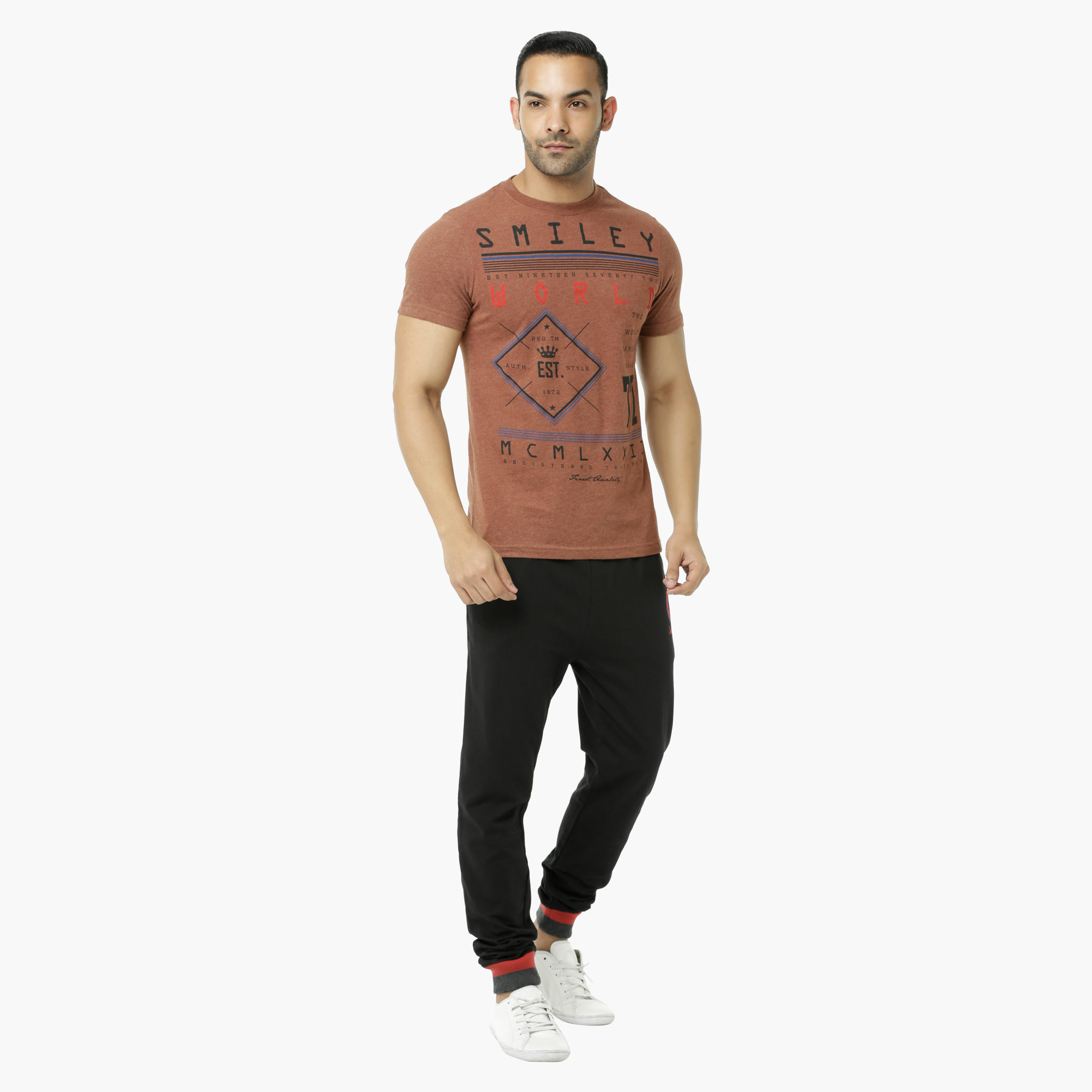 Smiley World Printed Crew Neck T-Shirt with Short Sleeves-men-clothing-tshirtsandpolos-tshirts-image-1