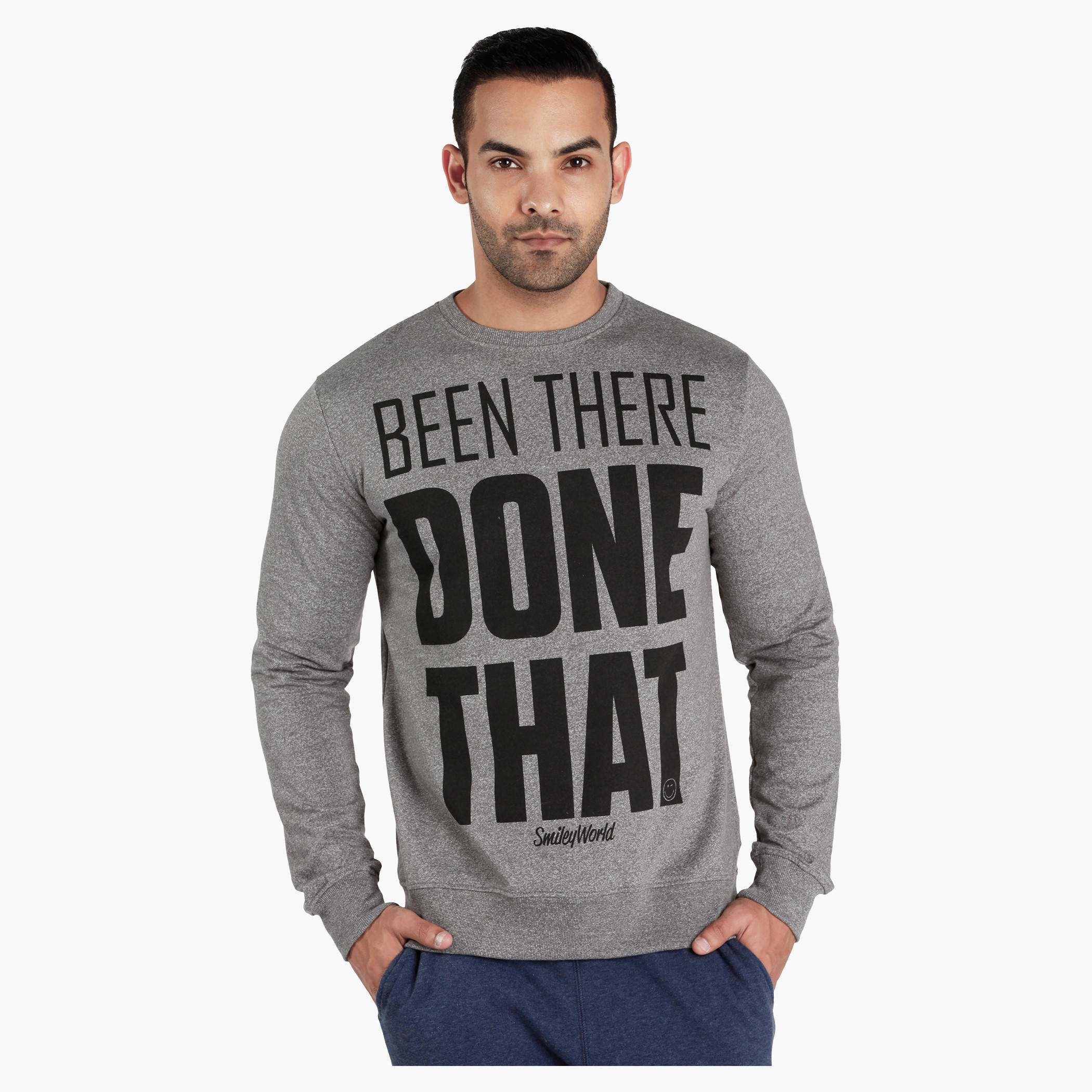 Smiley World Printed Melange T-Shirt with Crew Neck-men-winterwear-hoodiesandsweatshirts-image-1