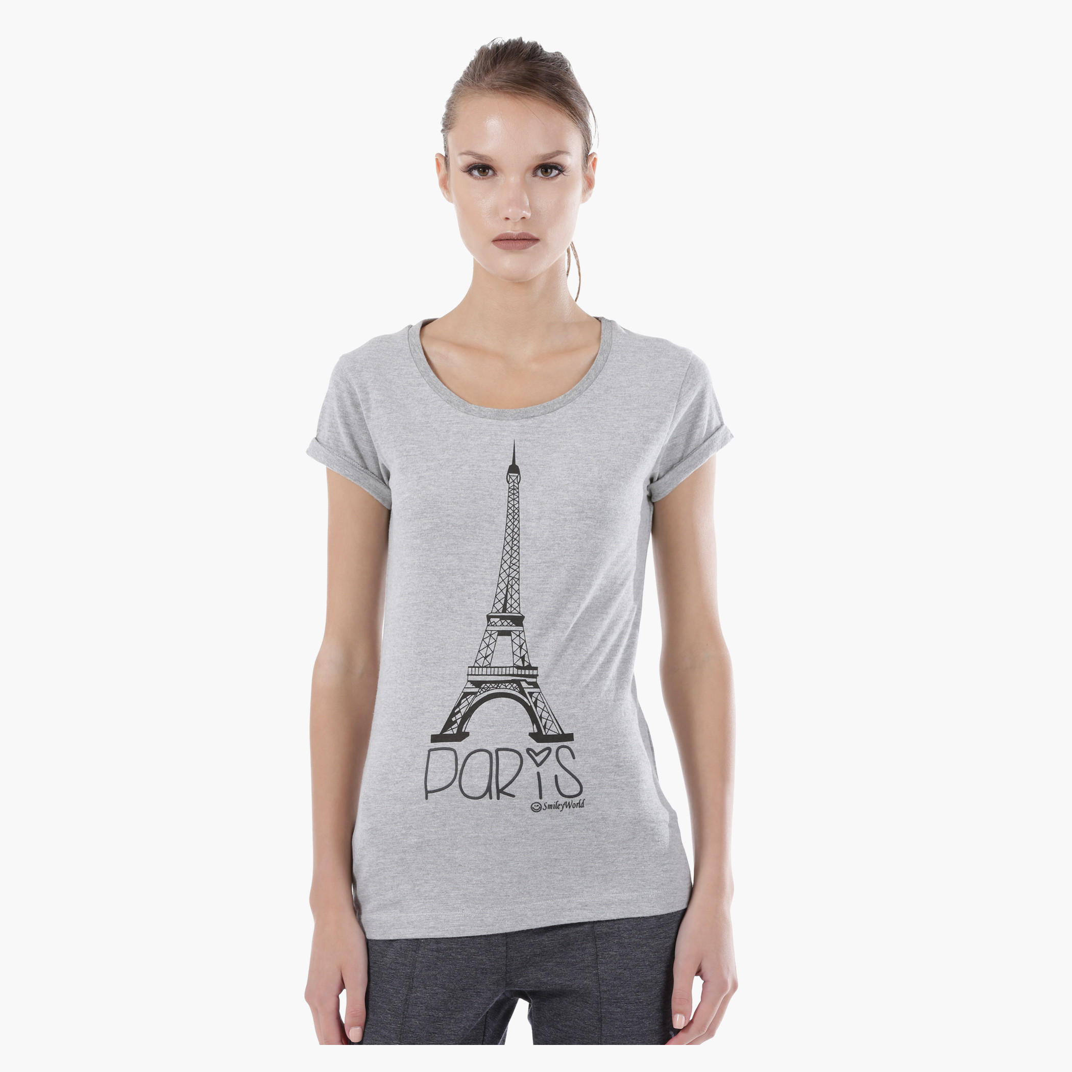 Smiley World Printed Melange T-Shirt with Short Sleeves in Regular Fit-women-clothing-tshirts-image-1