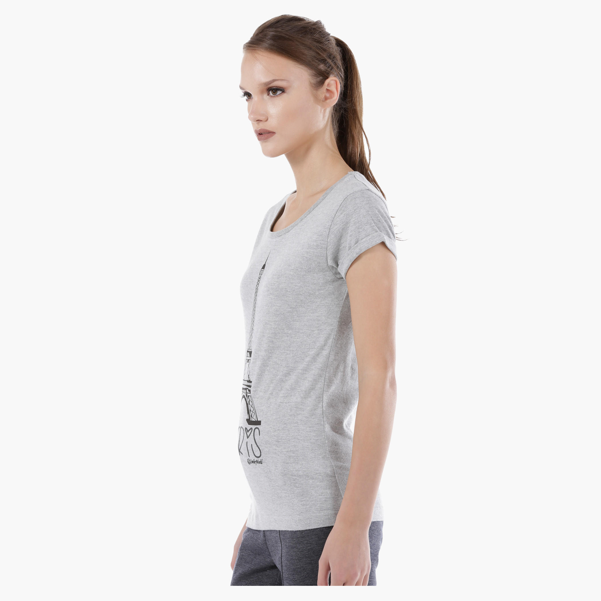 Smiley World Printed Melange T-Shirt with Short Sleeves in Regular Fit-women-clothing-tshirts-image-3