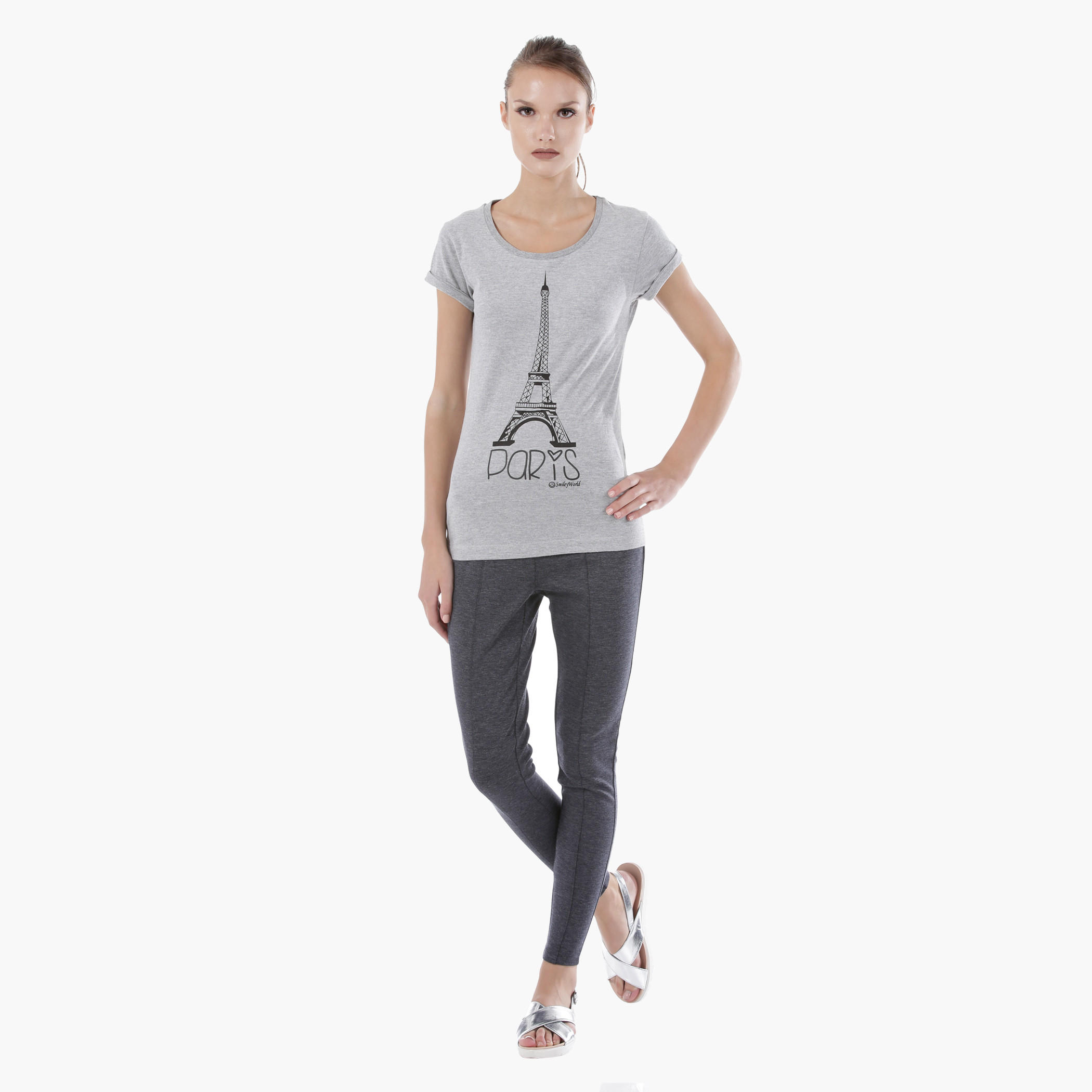 Smiley World Printed Melange T-Shirt with Short Sleeves in Regular Fit-women-clothing-tshirts-image-5