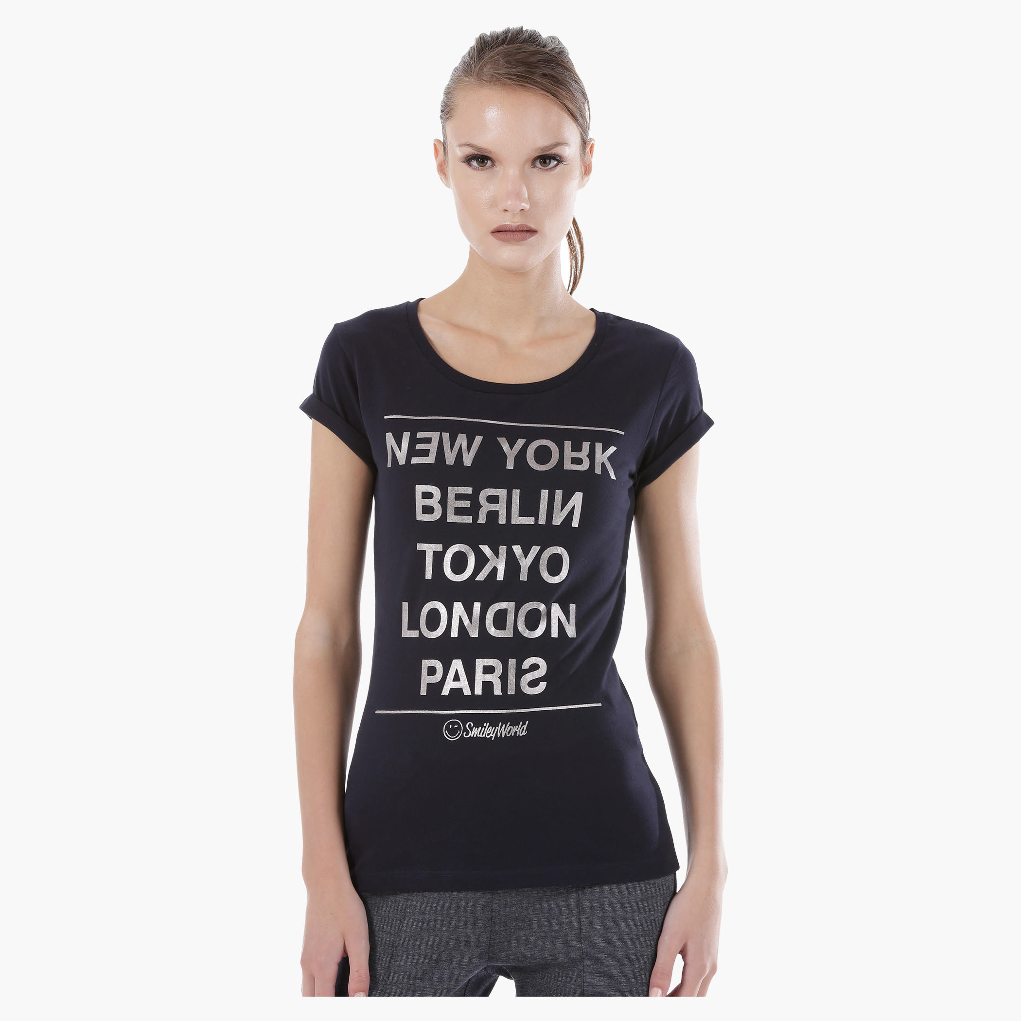 Smiley World Printed Melange T-Shirt with Short Sleeves in Regular Fit-women-clothing-tshirts-image-1