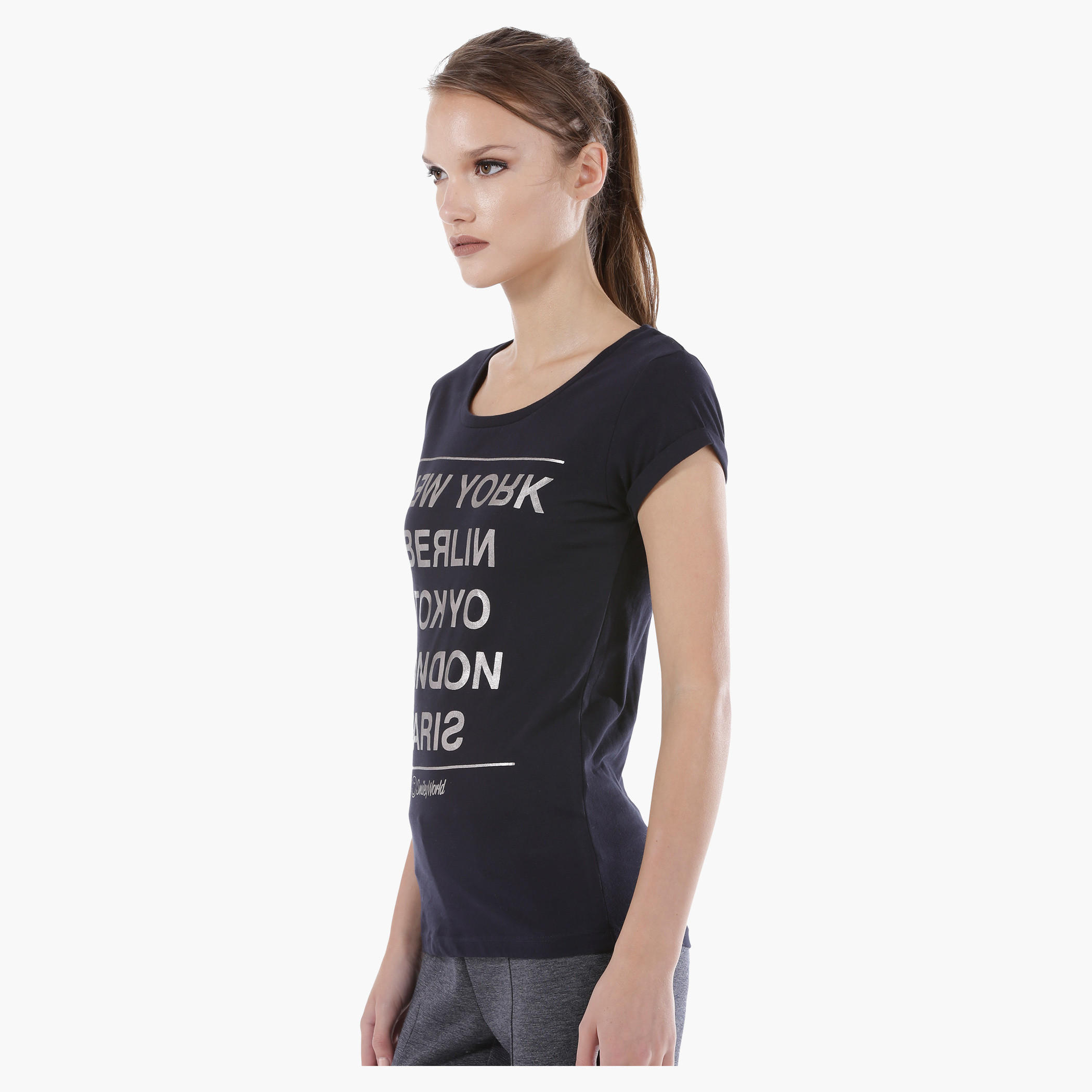 Smiley World Printed Melange T-Shirt with Short Sleeves in Regular Fit-women-clothing-tshirts-image-3