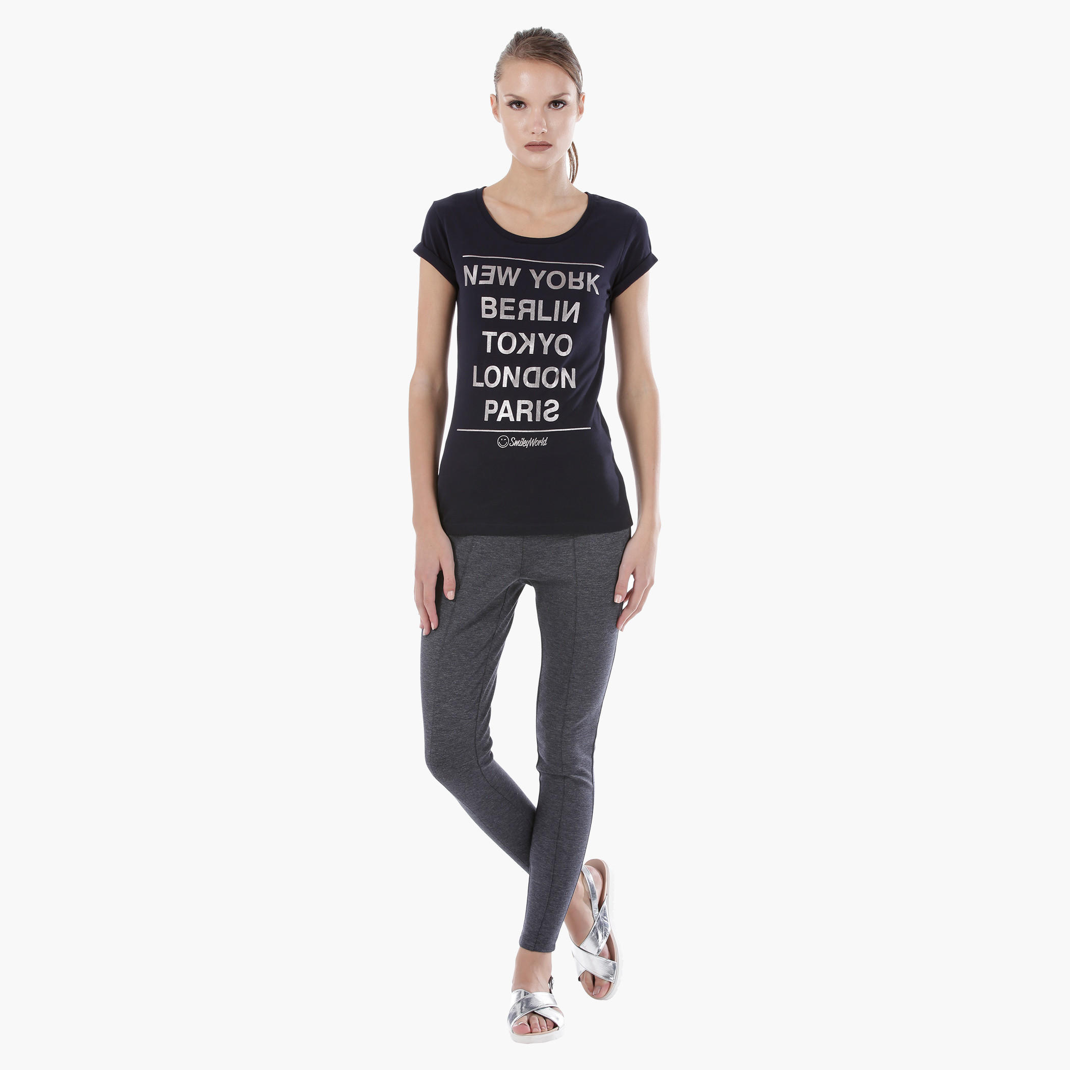 Smiley World Printed Melange T-Shirt with Short Sleeves in Regular Fit-women-clothing-tshirts-image-5