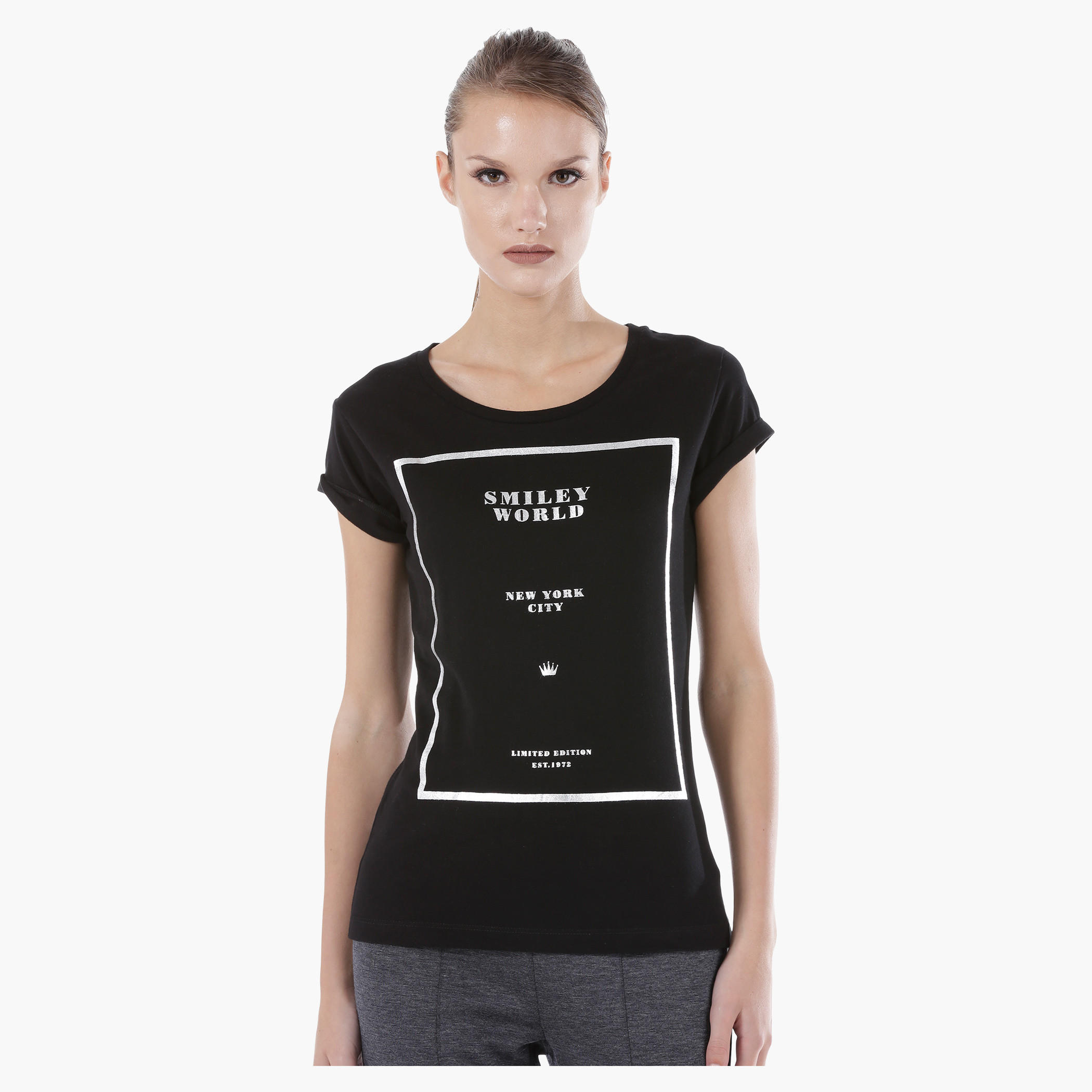 Smiley World Graphic Print Cotton T-Shirt with Short Sleeves in Regular Fit-women-clothing-tshirts-image-1