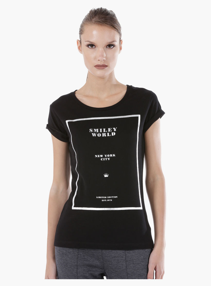 Smiley World Graphic Print Cotton T-Shirt with Short Sleeves in Regular Fit-women-clothing-tshirts-image-1