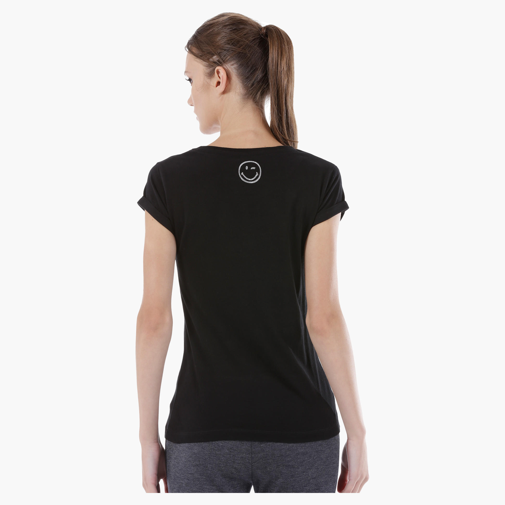 Smiley World Graphic Print Cotton T-Shirt with Short Sleeves in Regular Fit-women-clothing-tshirts-image-2