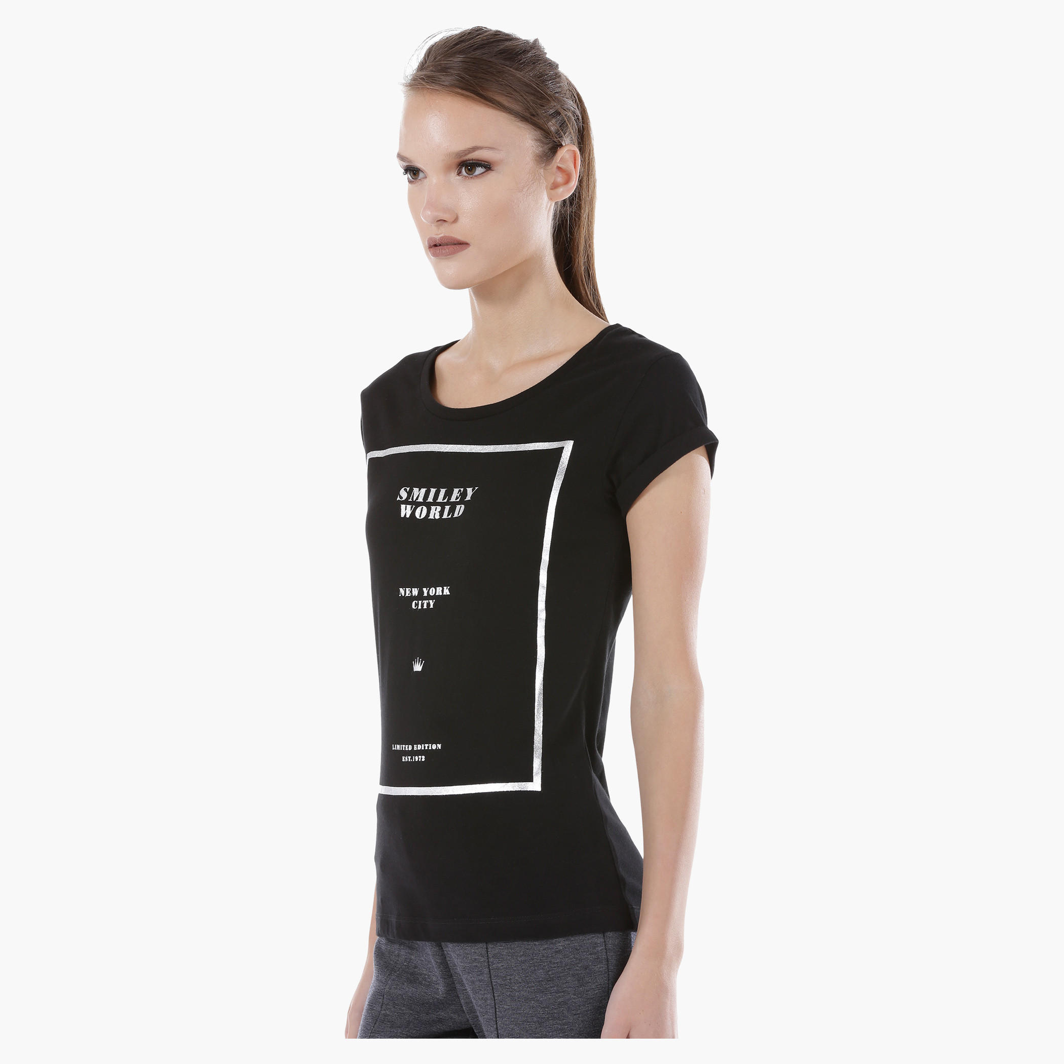 Smiley World Graphic Print Cotton T-Shirt with Short Sleeves in Regular Fit-women-clothing-tshirts-image-3