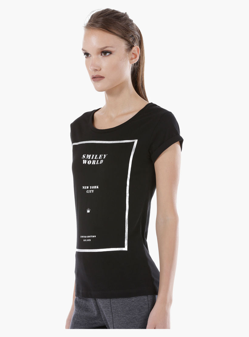Smiley World Graphic Print Cotton T-Shirt with Short Sleeves in Regular Fit-women-clothing-tshirts-image-3