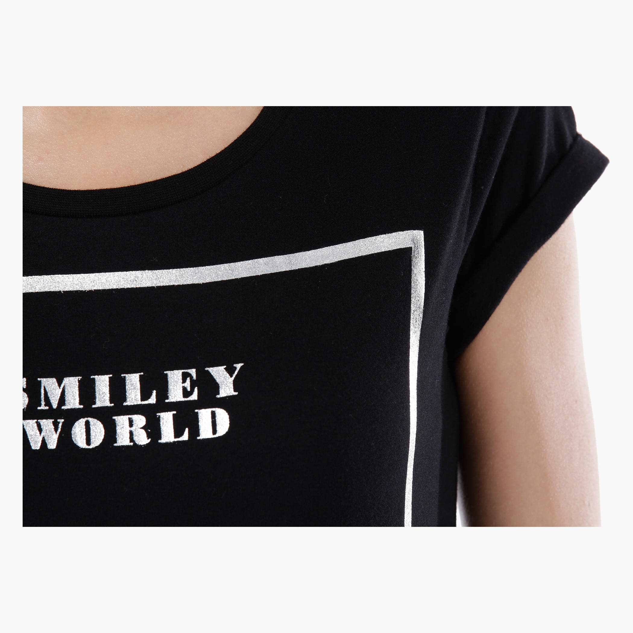 Smiley World Graphic Print Cotton T-Shirt with Short Sleeves in Regular Fit-women-clothing-tshirts-image-4