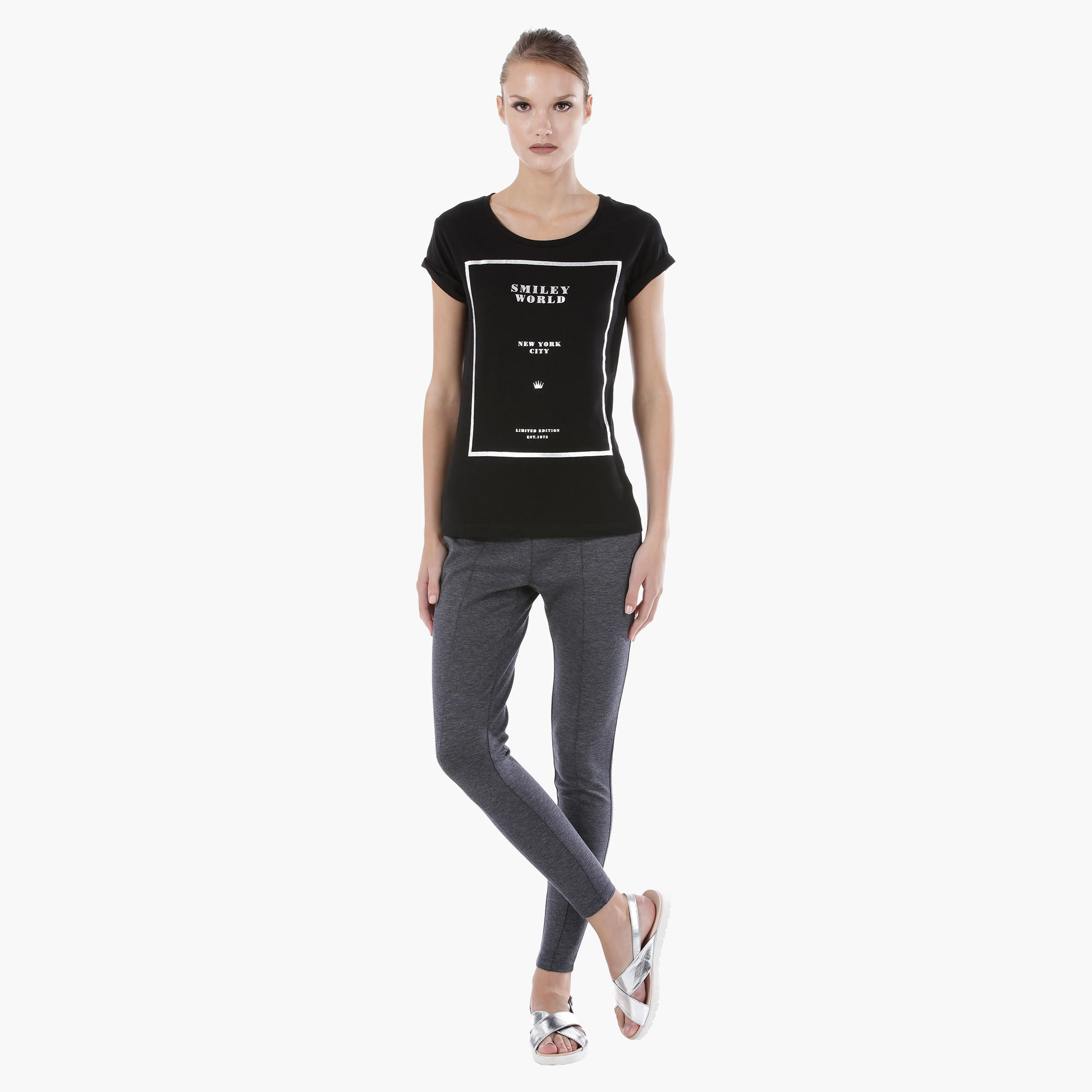 Smiley World Graphic Print Cotton T-Shirt with Short Sleeves in Regular Fit-women-clothing-tshirts-image-5