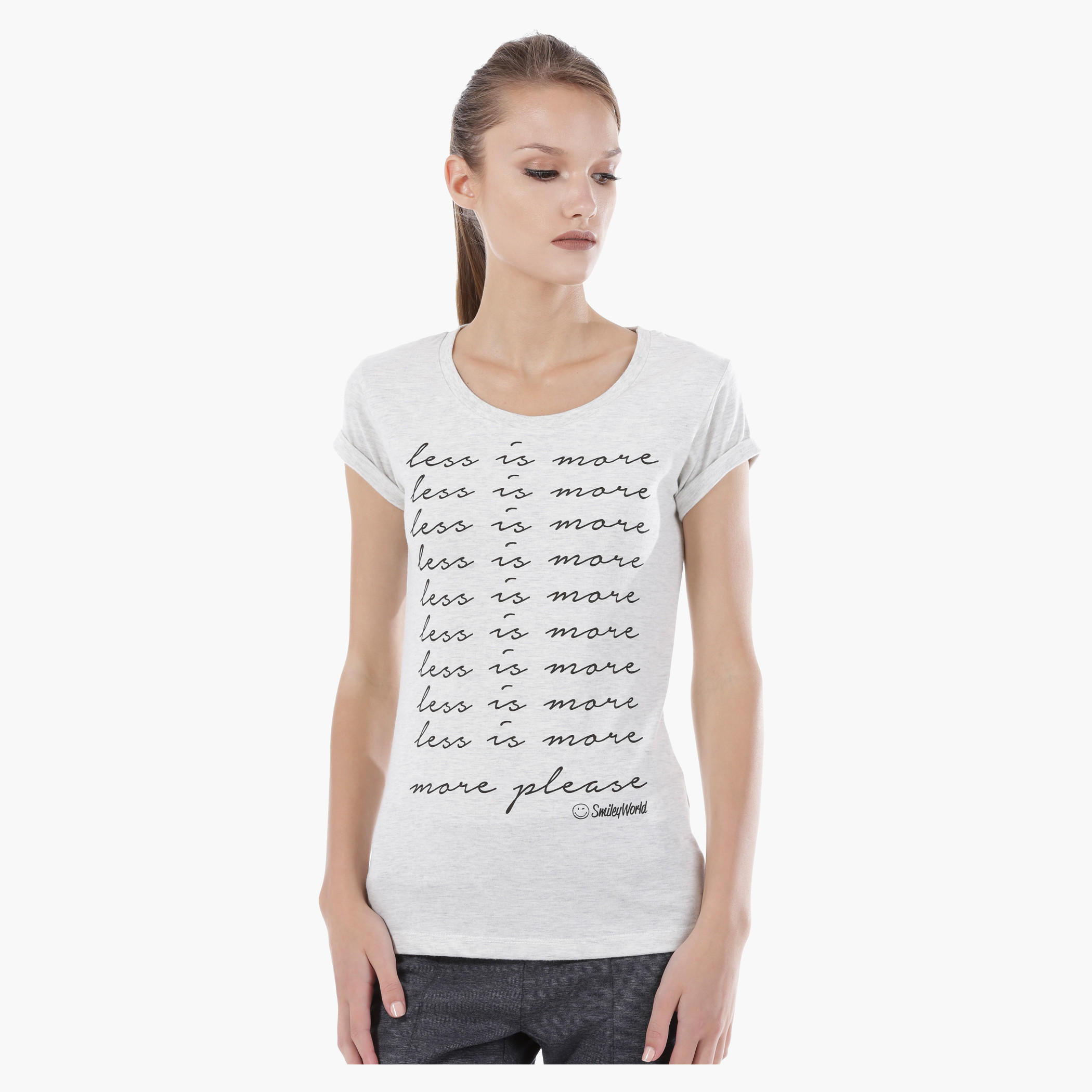 Smiley World Graphic Print Melange T-Shirt with Short Sleeves in Regular Fit-women-clothing-tshirts-image-1