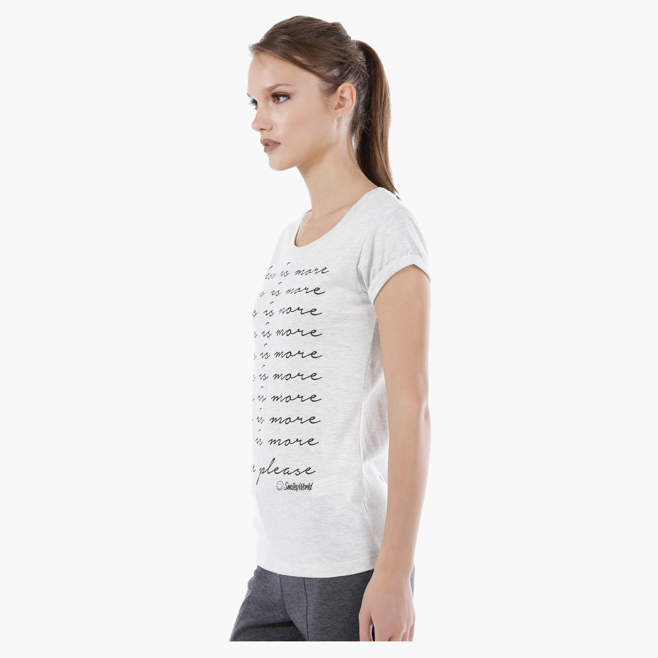 Smiley World Graphic Print Melange T-Shirt with Short Sleeves in Regular Fit-women-clothing-tshirts-image-3