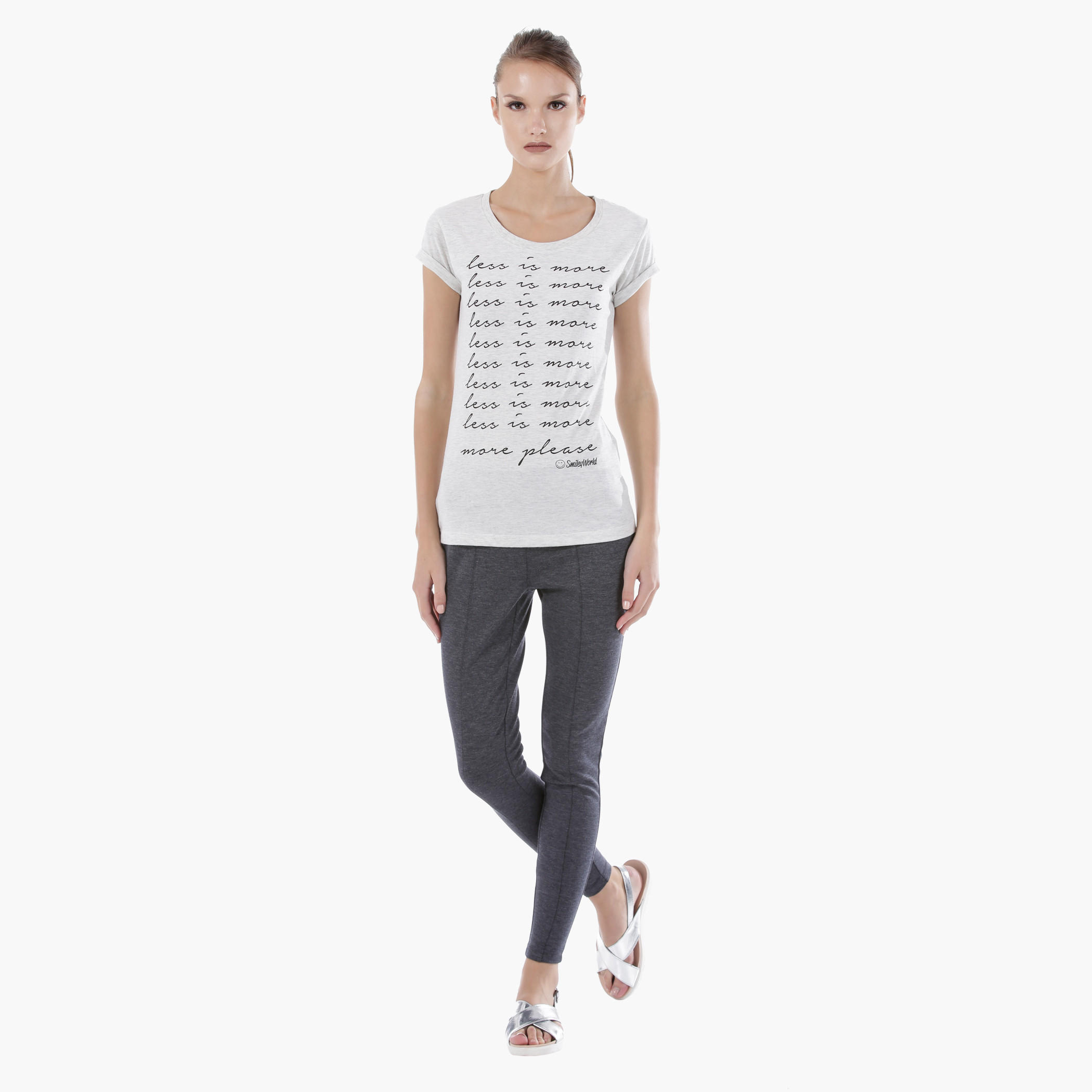 Smiley World Graphic Print Melange T-Shirt with Short Sleeves in Regular Fit-women-clothing-tshirts-image-5
