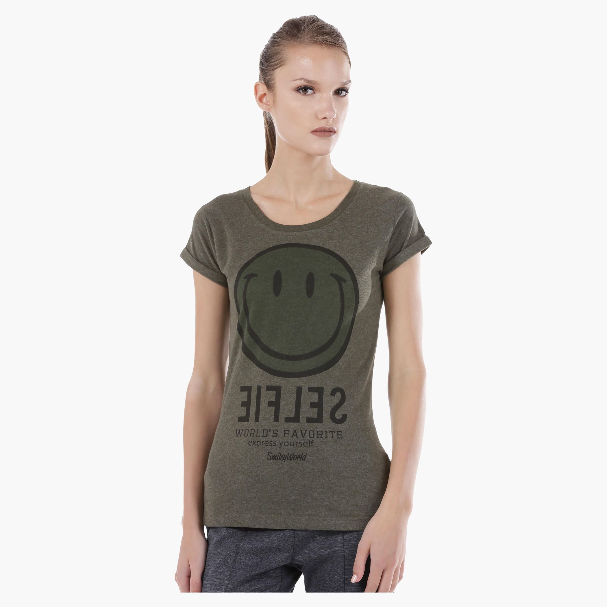 Smiley World Graphic Print T-Shirt with Short Sleeves in Regular Fit-women-clothing-tshirts-image-1