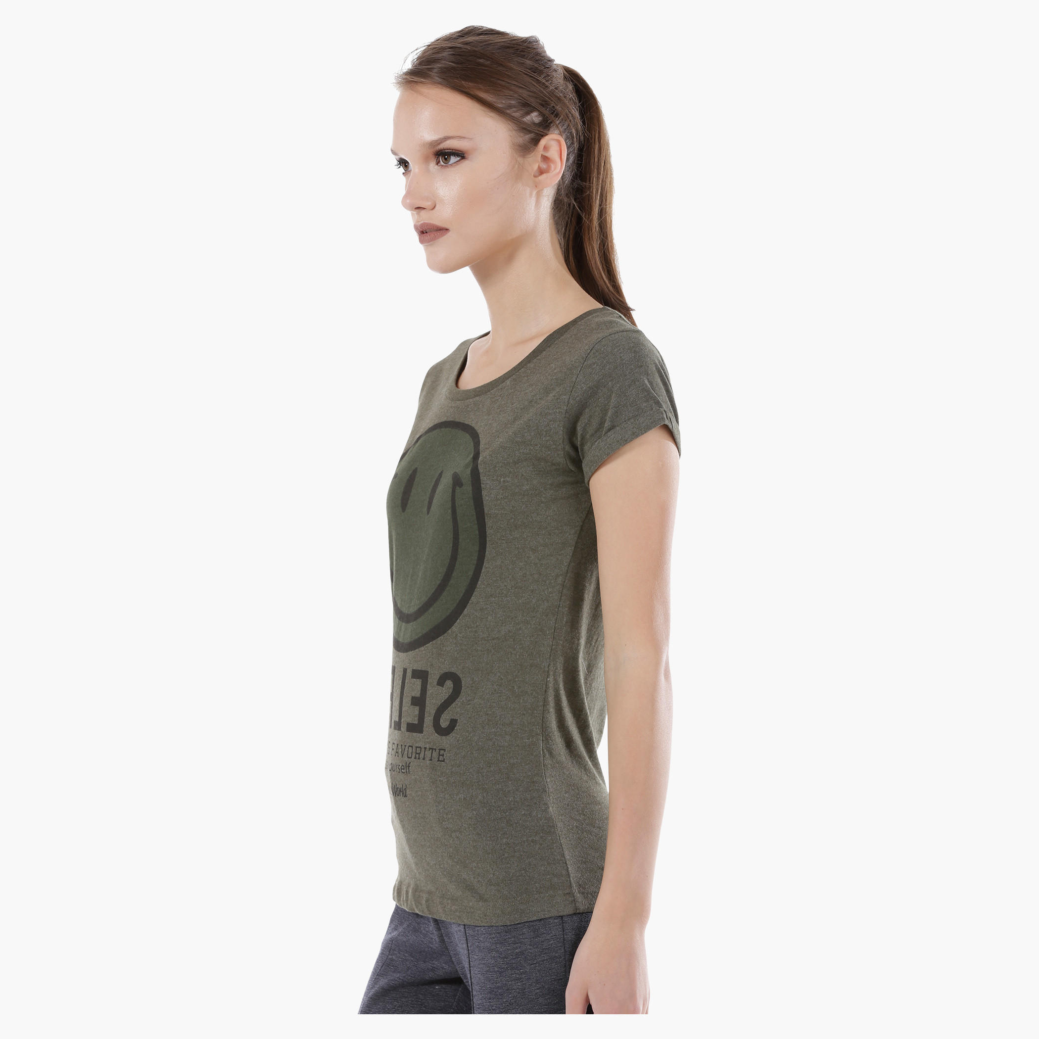 Smiley World Graphic Print T-Shirt with Short Sleeves in Regular Fit-women-clothing-tshirts-image-3