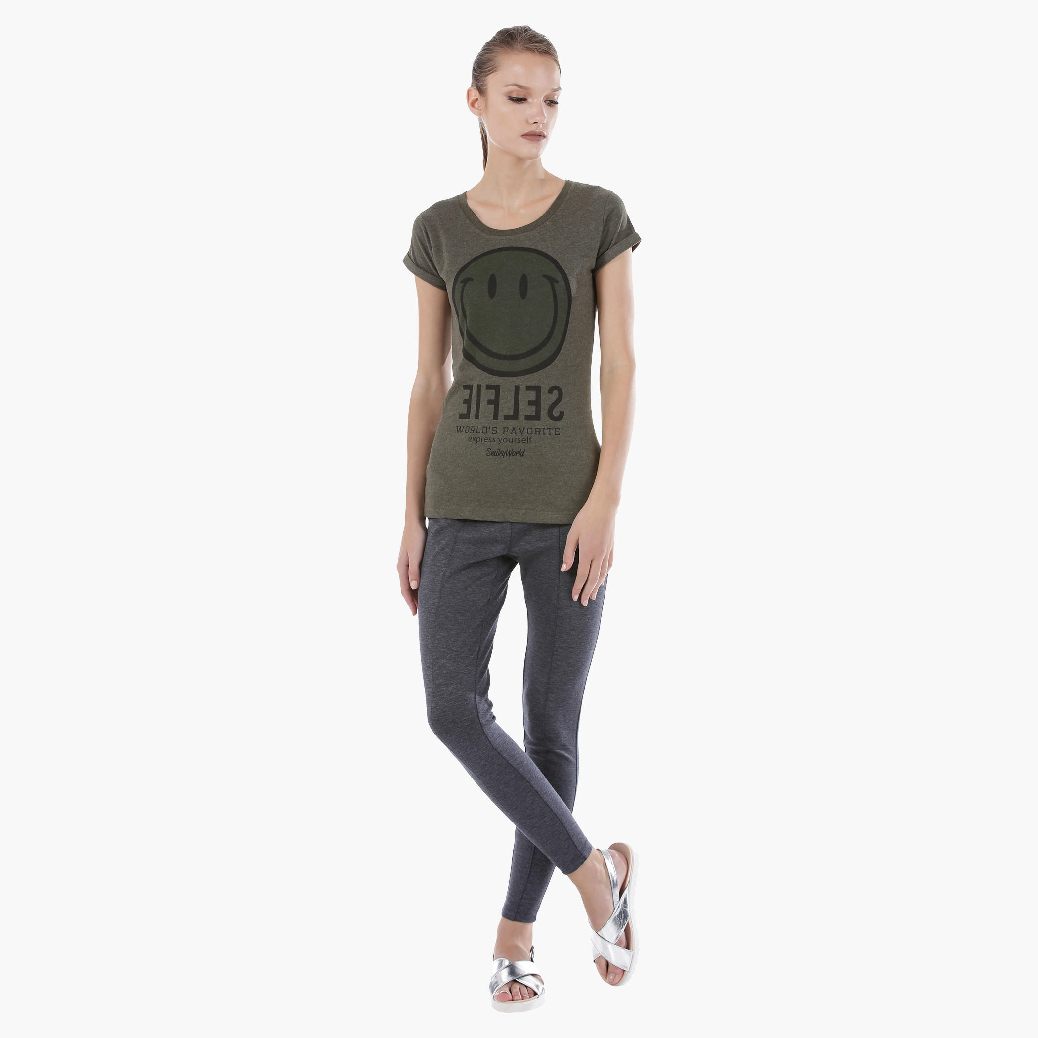 Smiley World Graphic Print T-Shirt with Short Sleeves in Regular Fit-women-clothing-tshirts-image-5