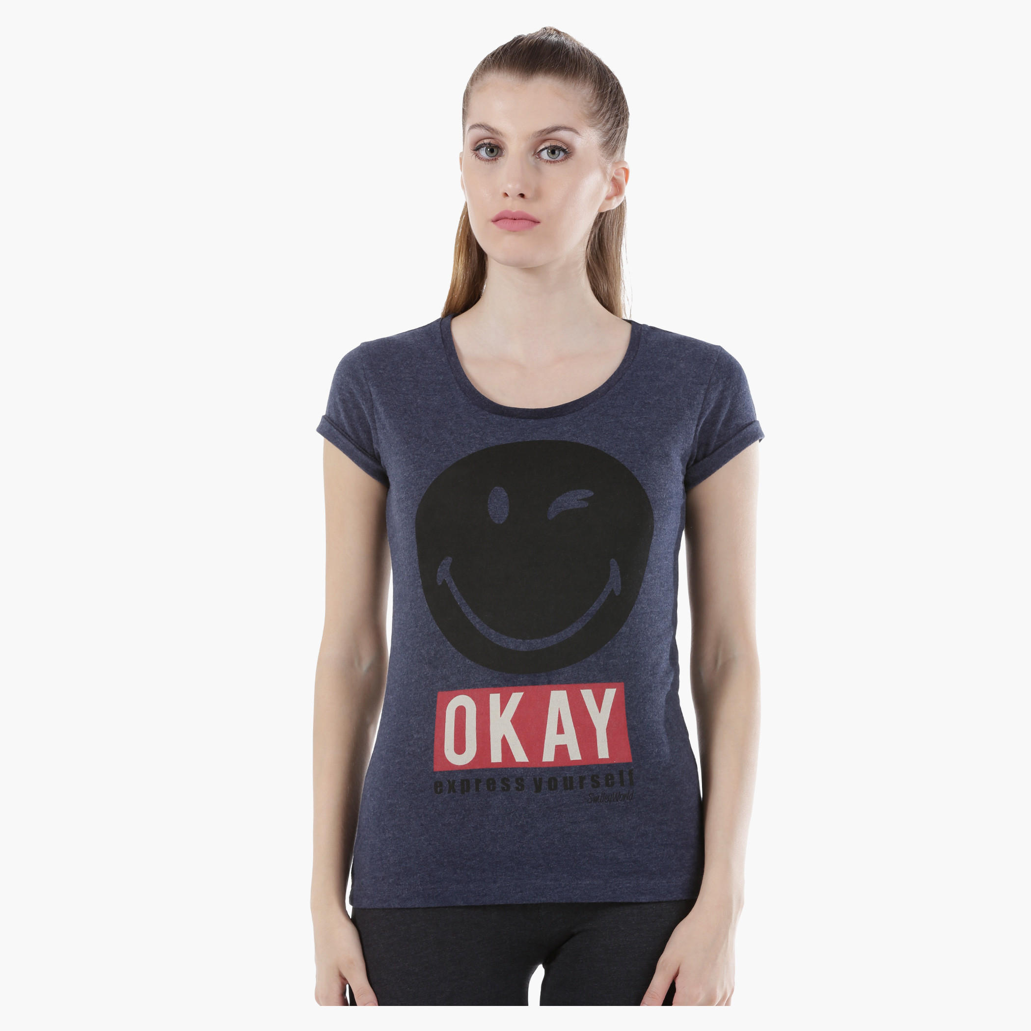 Smiley World Cotton T-Shirt with Short Sleeves and Graphic Print in Regular Fit-women-clothing-tshirts-image-1