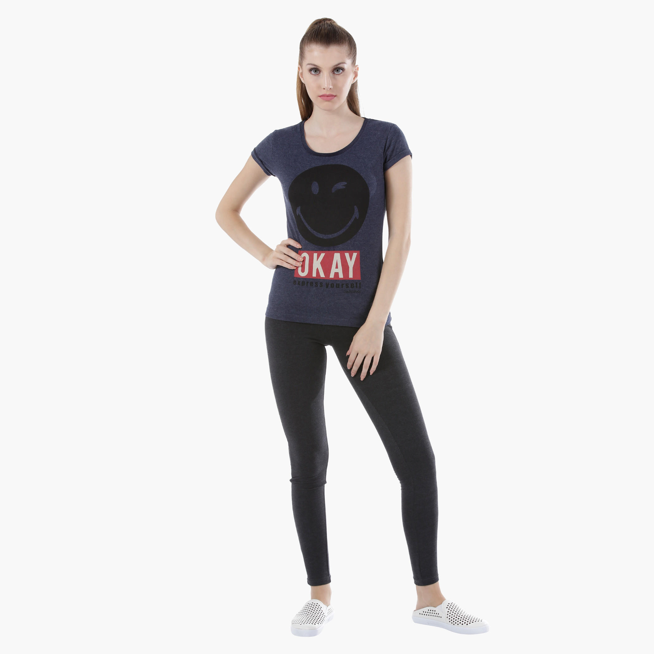Smiley World Cotton T-Shirt with Short Sleeves and Graphic Print in Regular Fit-women-clothing-tshirts-image-5