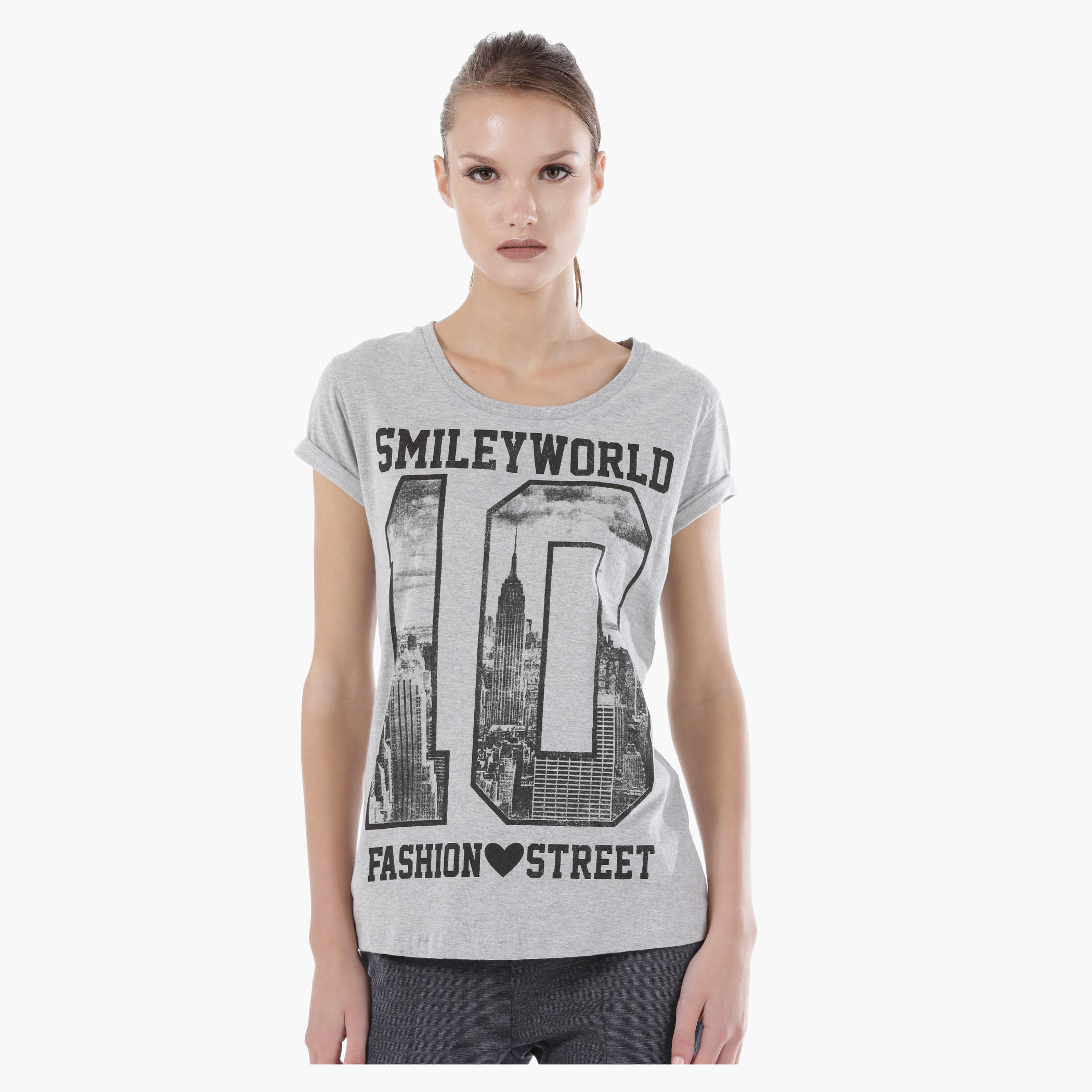 Smiley World Graphic Print Melange T-Shirt with Short Sleeves in Regular Fit-women-clothing-tshirts-image-1