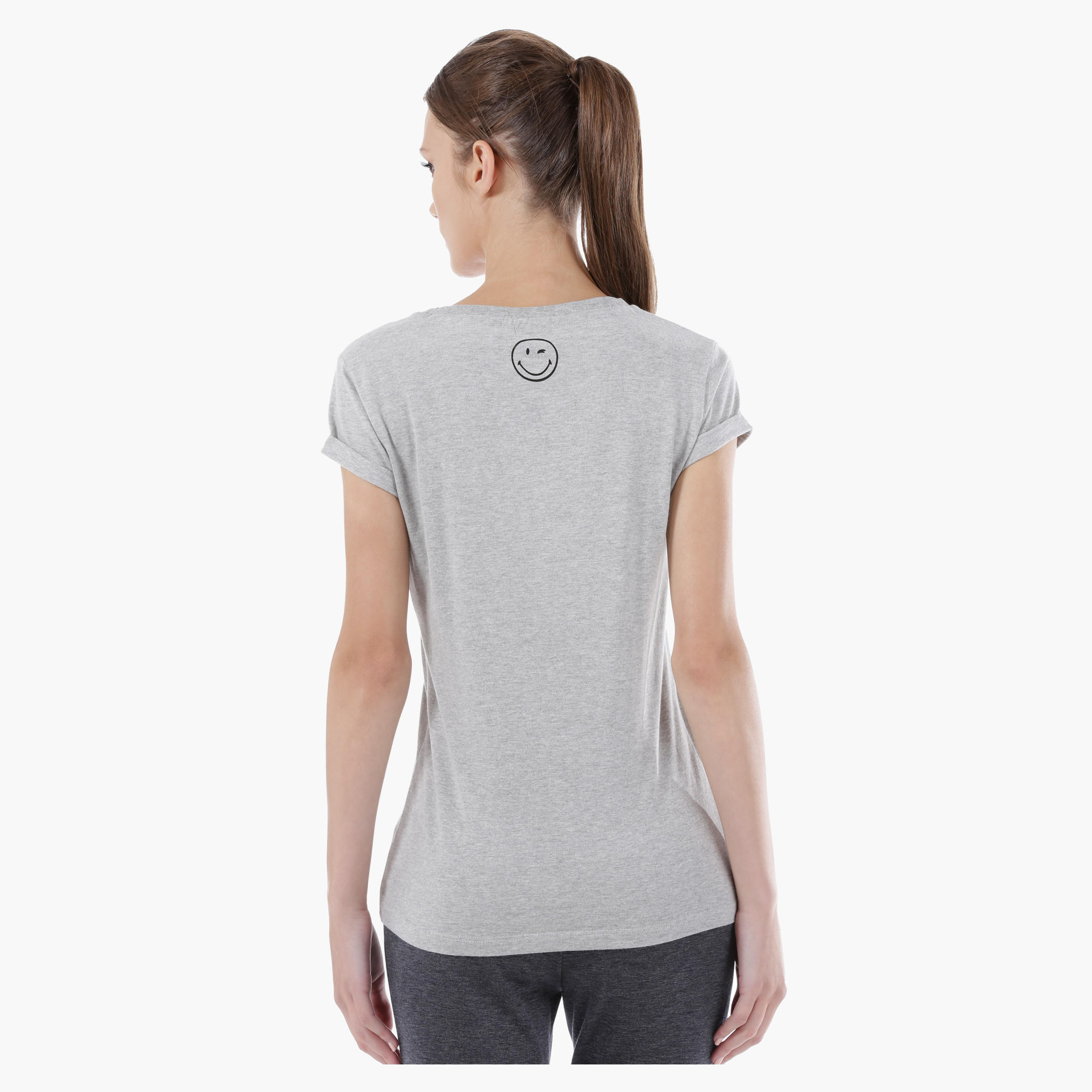 Smiley World Graphic Print Melange T-Shirt with Short Sleeves in Regular Fit-women-clothing-tshirts-image-2